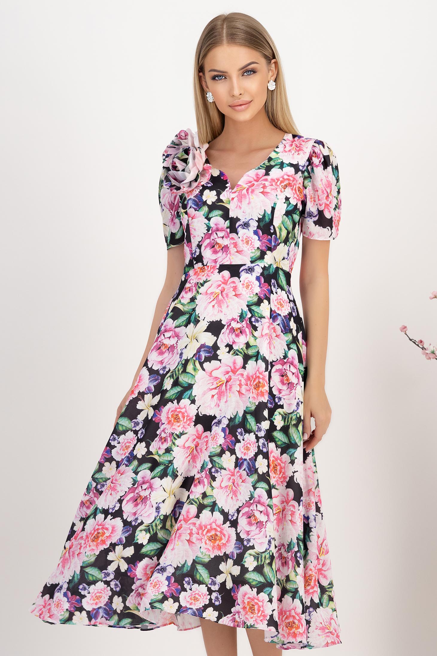 Rochie din voal multicolora midi in clos accesorizata cu 2 brose florale maxi - StarShinerS 1 - StarShinerS.ro