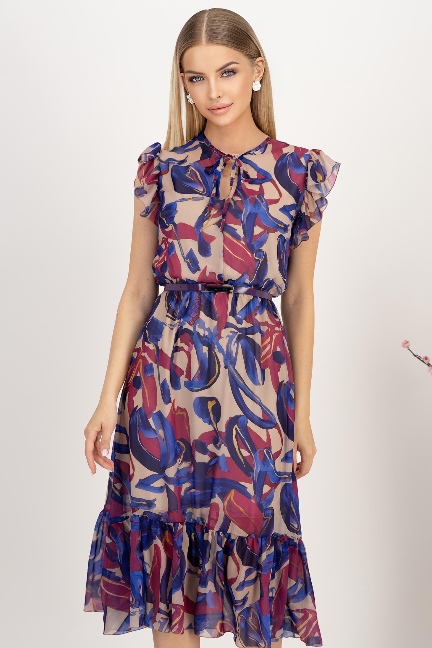 Rochie din voal mov midi in clos cu elastic in talie si volanase la maneca - StarShinerS 1 - StarShinerS.ro