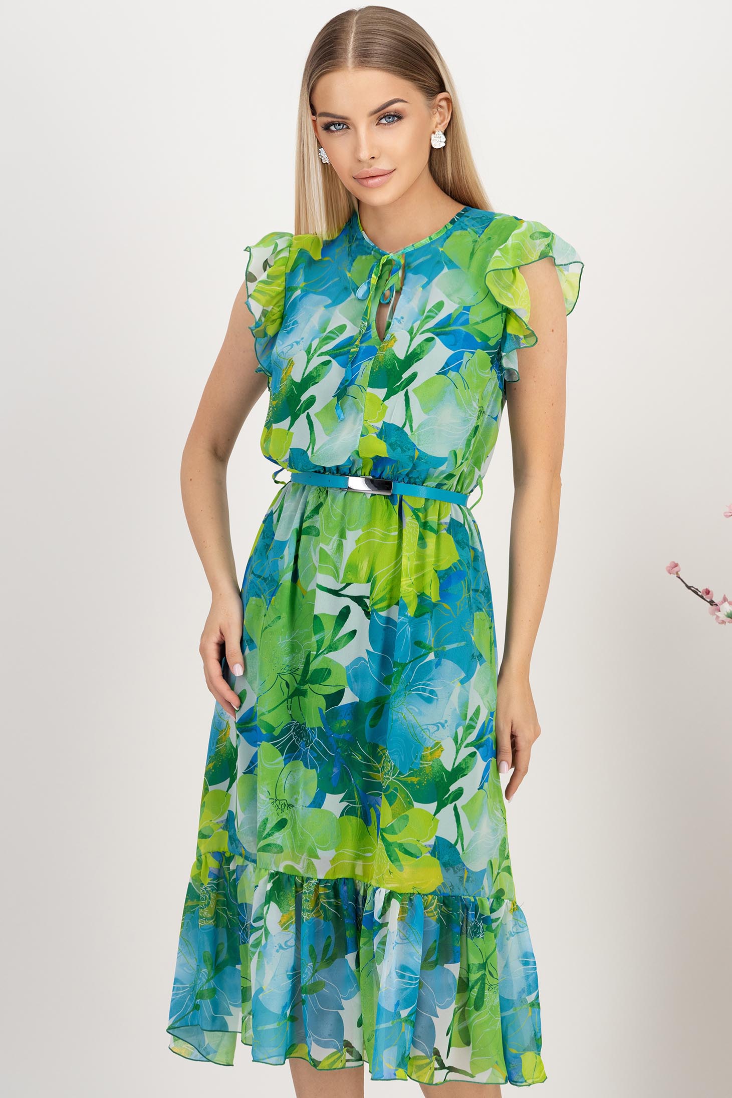 Rochie din voal verde midi in clos cu elastic in talie si volanase la maneca - StarShinerS 1 - StarShinerS.ro