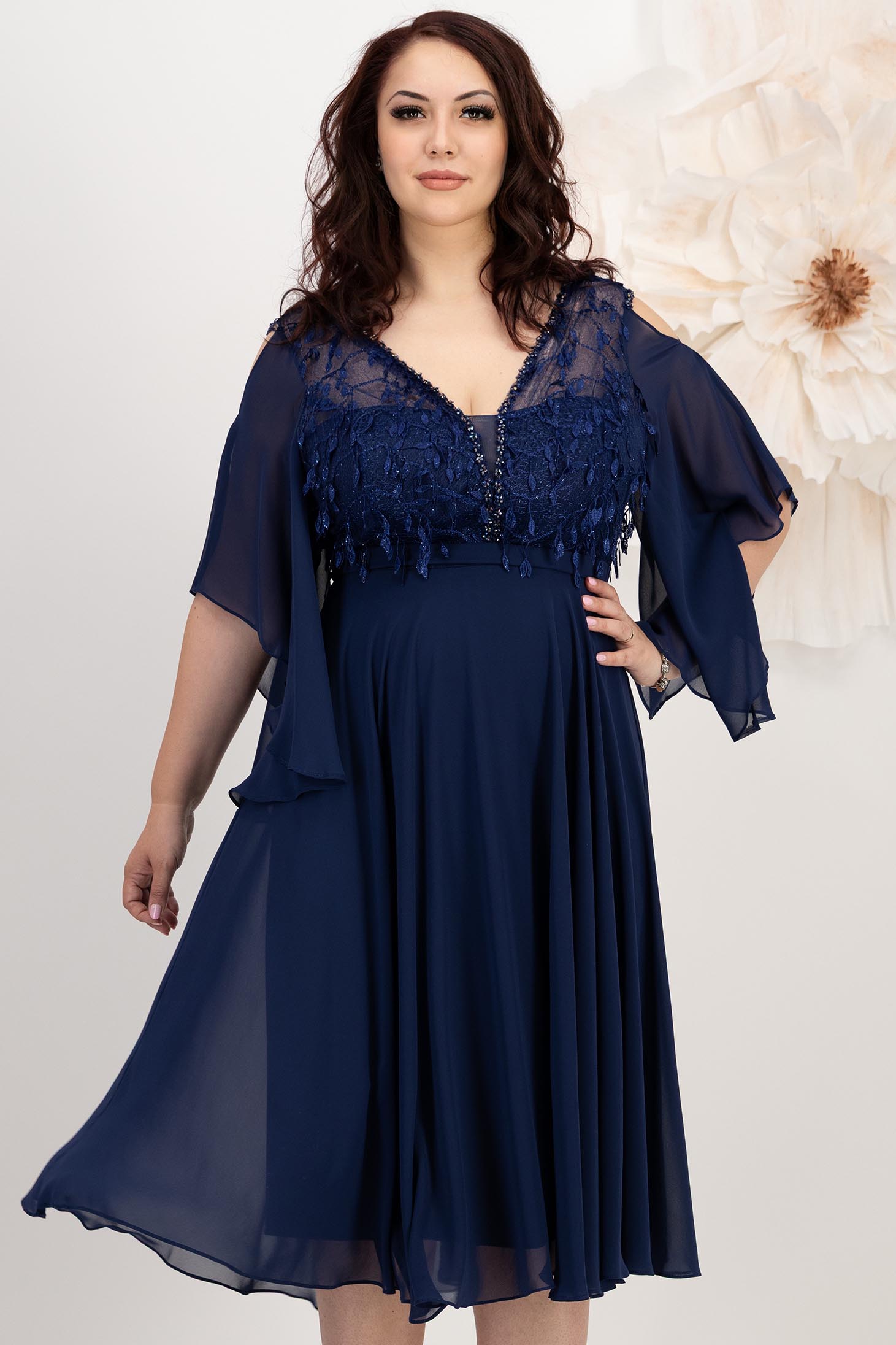 Rochie din voal si dantela bleumarin midi in clos cu maneci din voal tip fluture 1 - StarShinerS.ro
