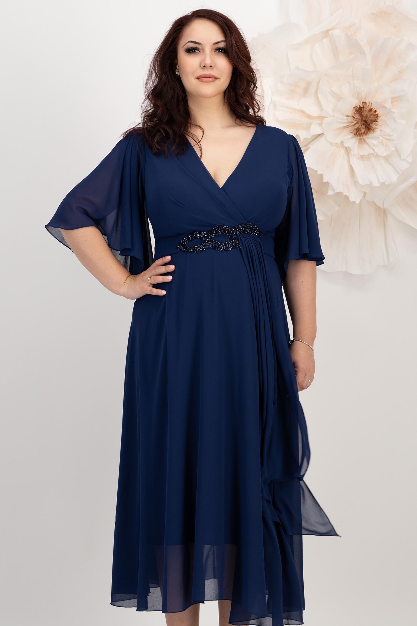 Rochie din voal bleumarin midi in clos cu aplicatie stralucitoare in talie 1 - StarShinerS.ro