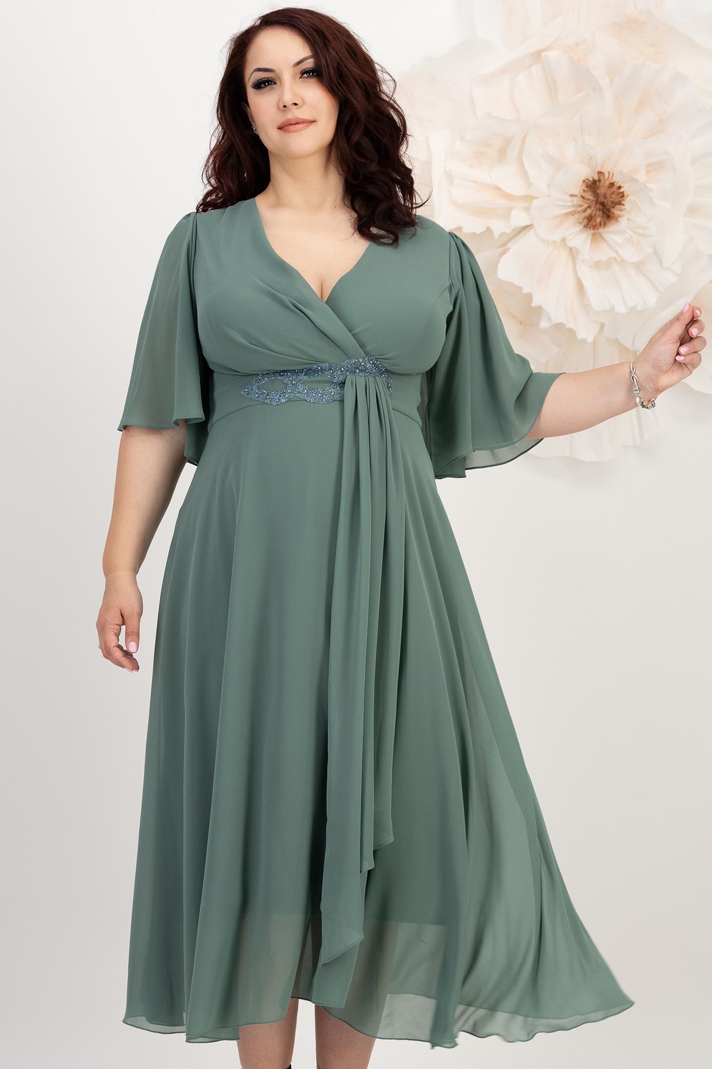 Rochie din voal mint midi in clos cu aplicatie stralucitoare in talie 1 - StarShinerS.ro