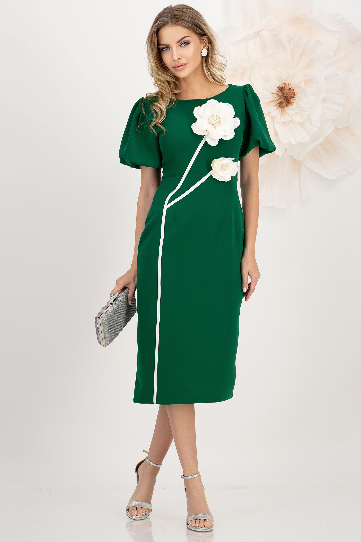 Rochie verde midi tip creion cu brose florale 3D - StarShinerS 1 - StarShinerS.ro