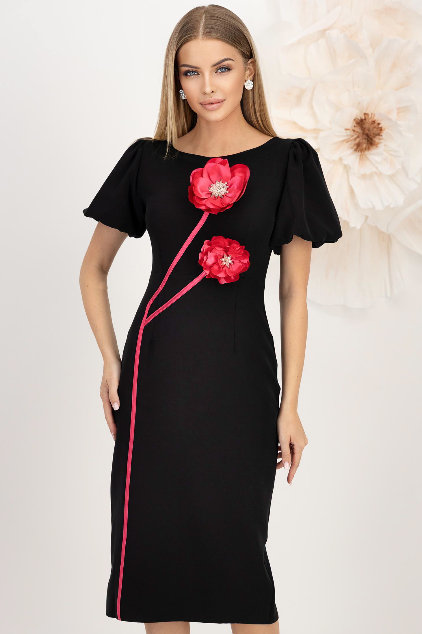 Rochie din stofa elastica neagra midi tip creion cu maneci bufante si brose florale 3D - StarShinerS 1 - StarShinerS.ro