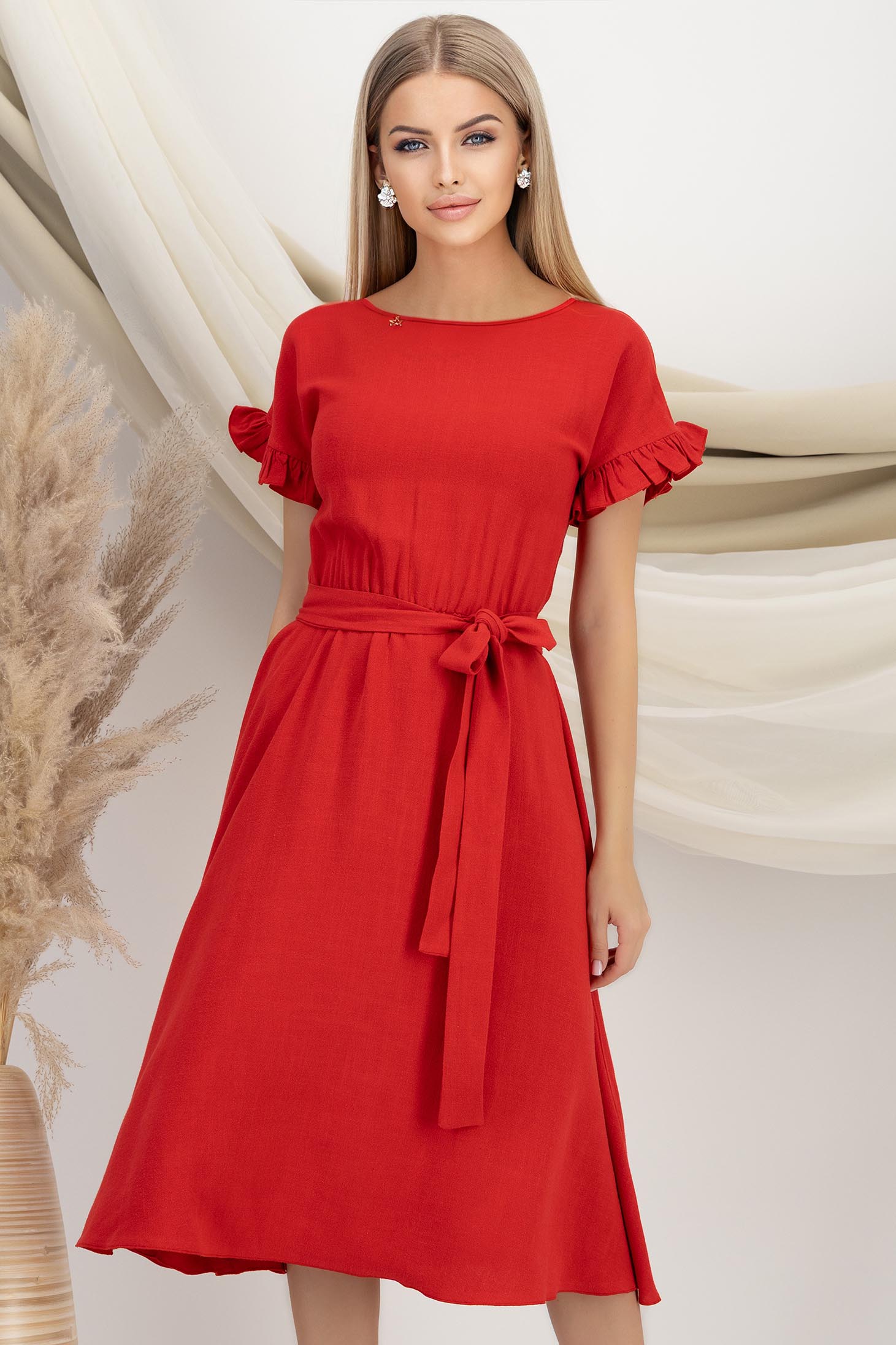 Rochie din in si viscoza rosie midi in clos cu elastic in talie si volanase la maneci - StarShinerS 1 - StarShinerS.ro