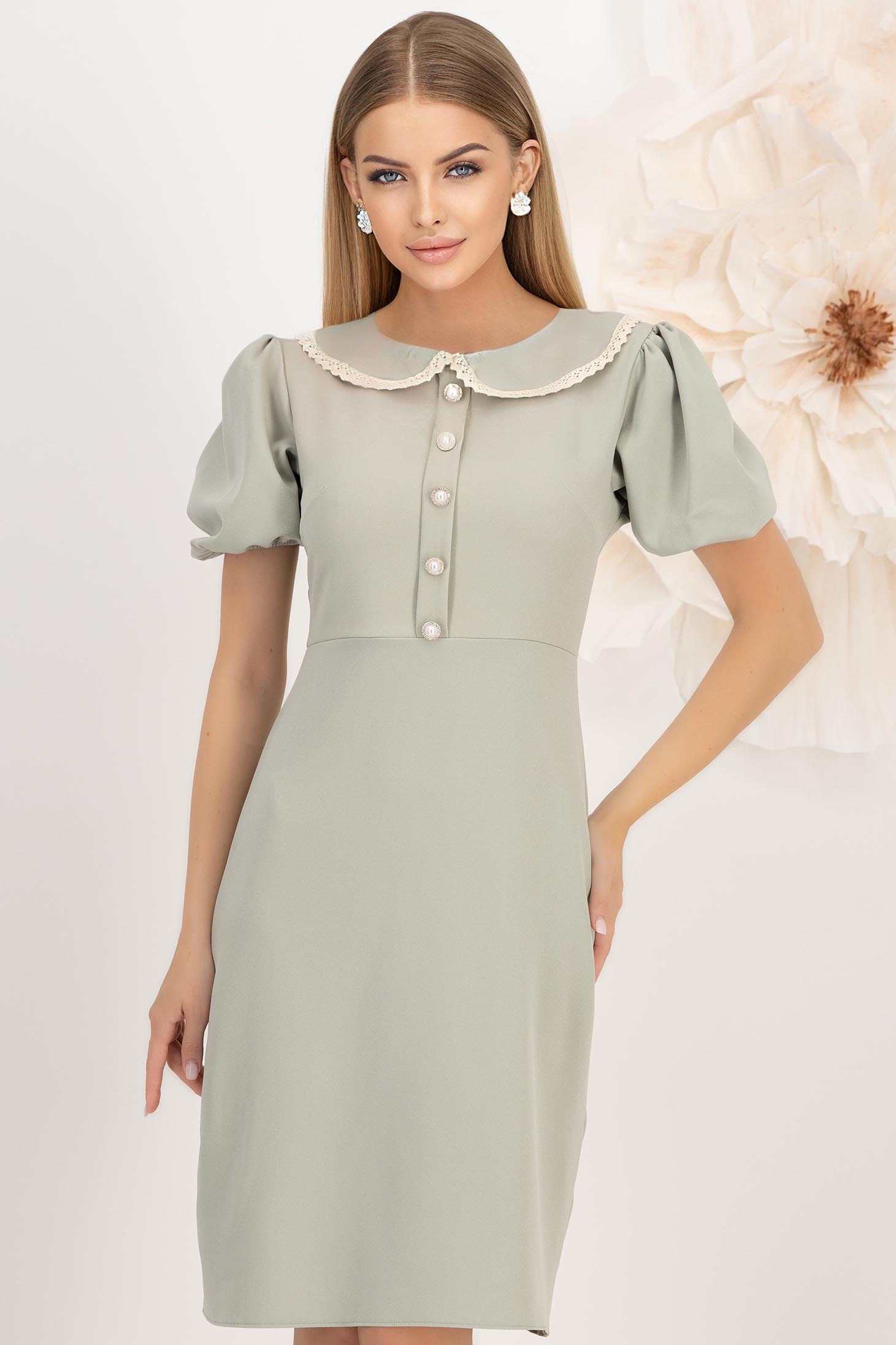Rochie din stofa elastica mint pana la genunchi cu croi in a si guler rotunjit cu dantela - StarShinerS 1 - StarShinerS.ro