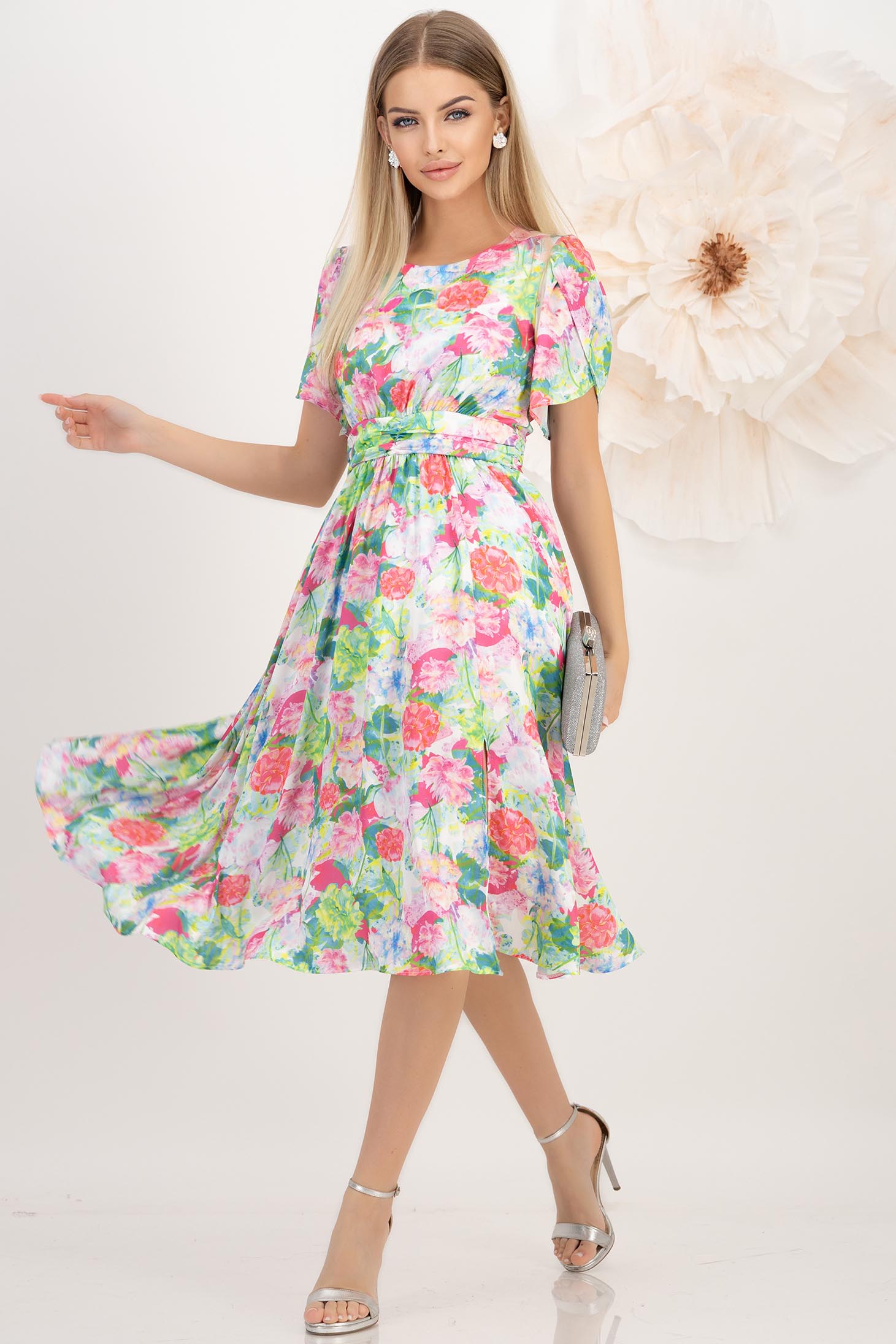 Rochie din satin multicolora midi in clos crapata pe picior - StarShinerS 1 - StarShinerS.ro