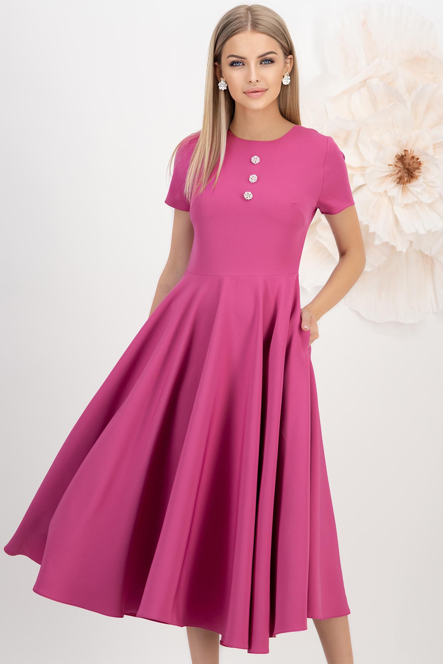 Rochie din stofa elastica zmeura midi in clos cu nasturi decorativi si buzunare laterale - StarShinerS 1 - StarShinerS.ro