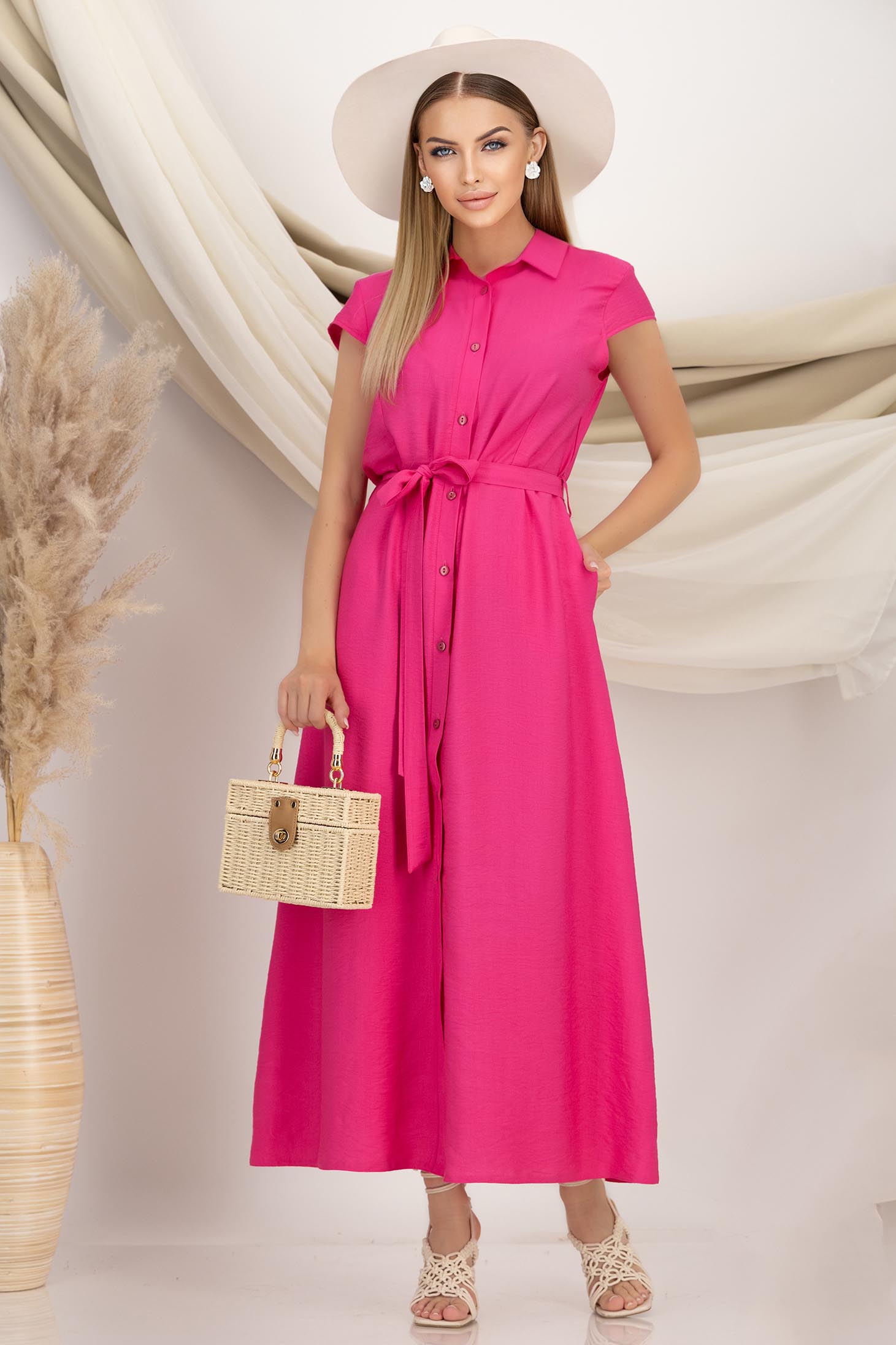 Rochie tip camasa din viscoza roz maxi accesorizata cu cordon in talie 1 - StarShinerS.ro