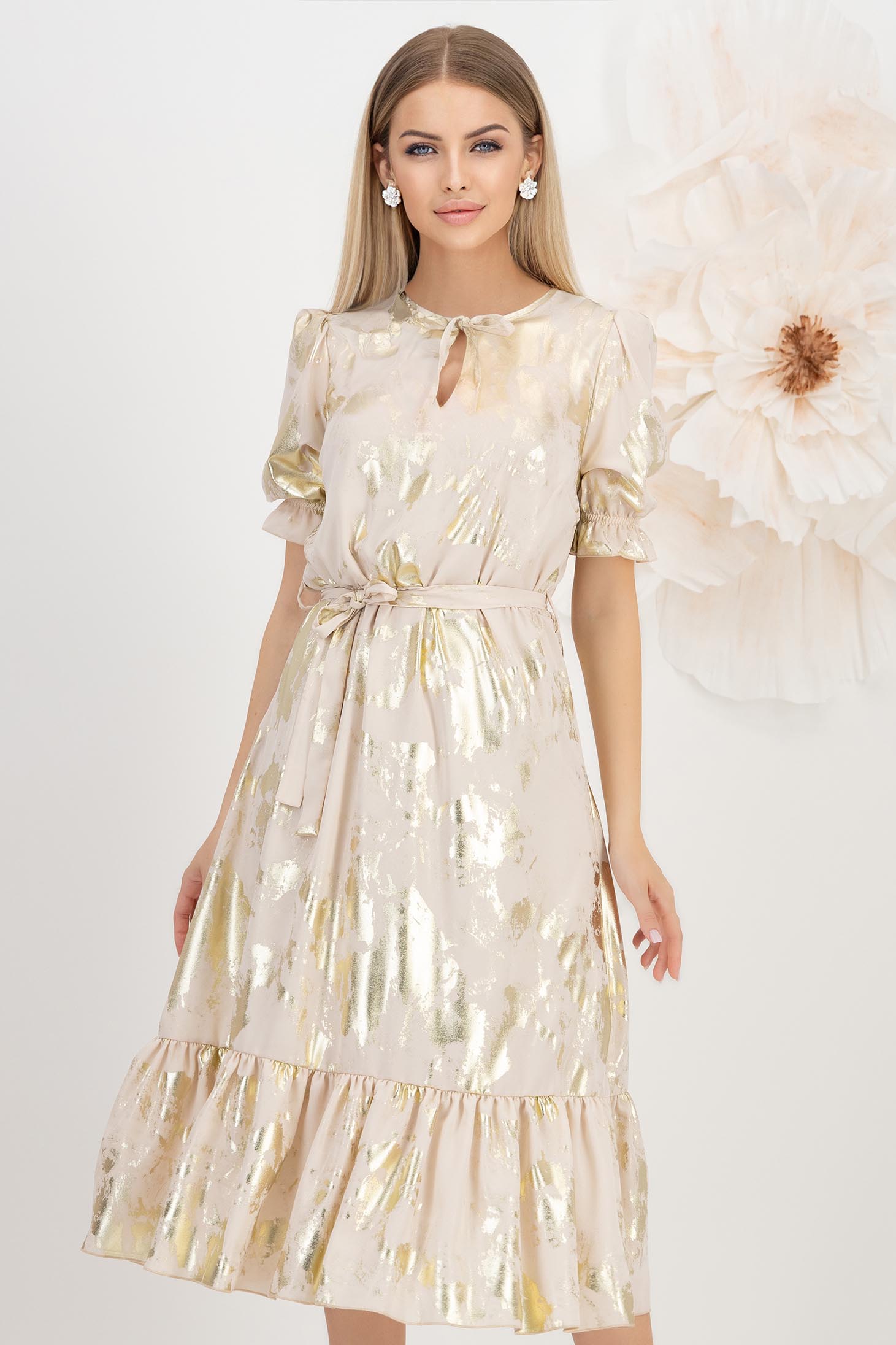 Rochie din tripluvoal metalizat bej midi in clos cu elastic in talie - StarShinerS 1 - StarShinerS.ro