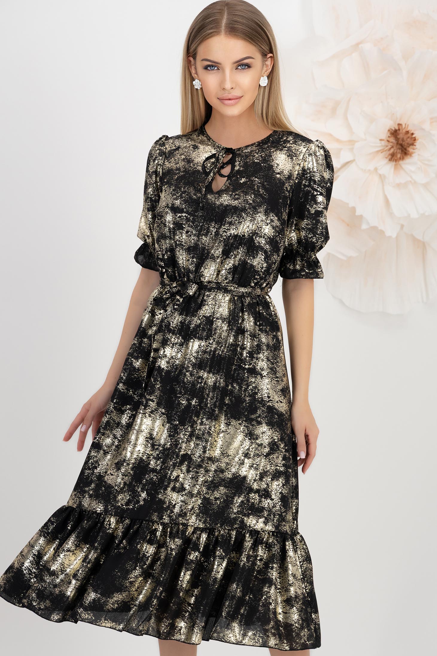 Rochie din tripluvoal metalizat neagra midi in clos cu elastic in talie - StarShinerS 1 - StarShinerS.ro