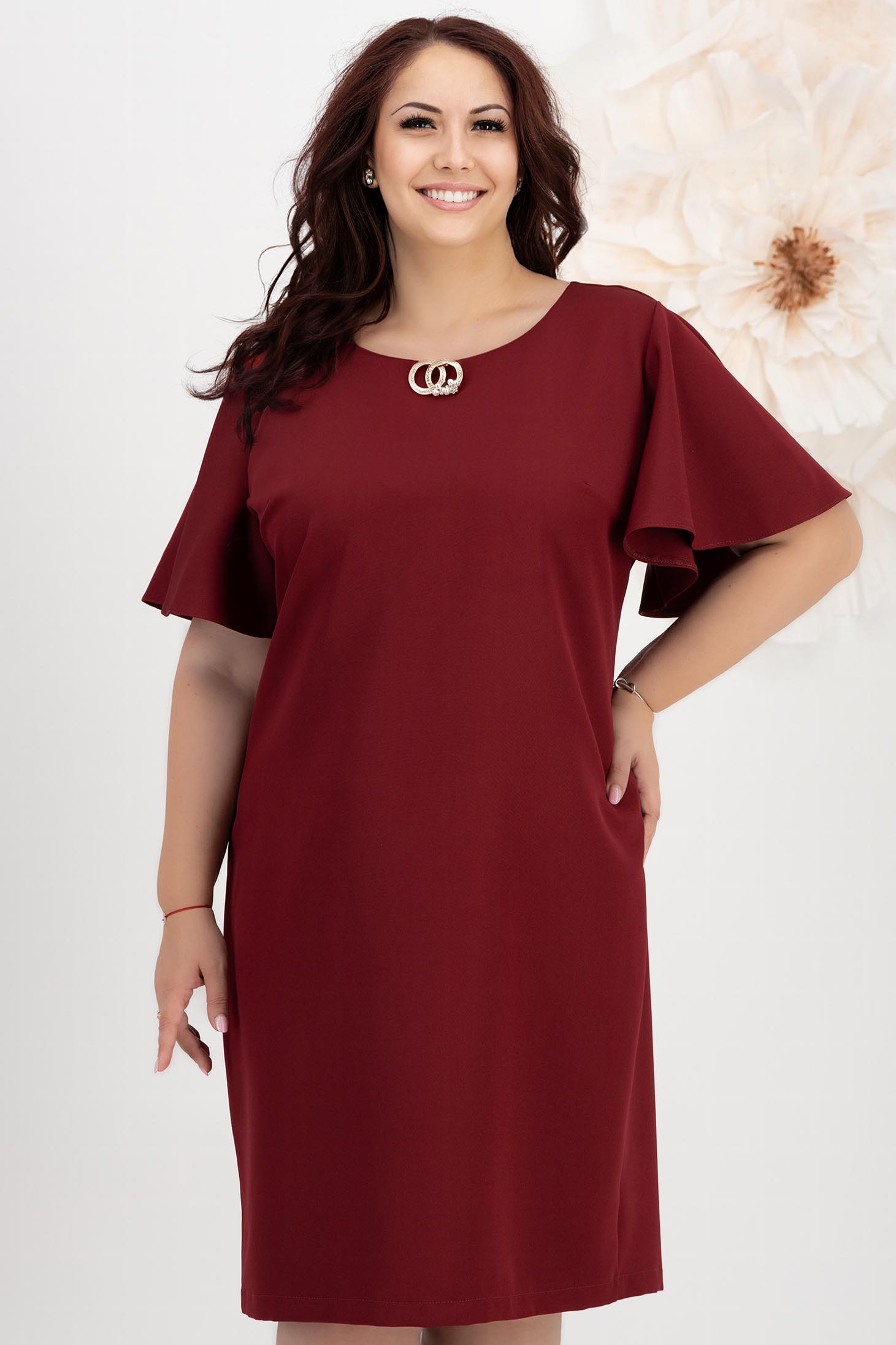 Rochie din stofa elastica visinie cu un croi drept si volanase la maneca - StarShinerS 1 - StarShinerS.ro