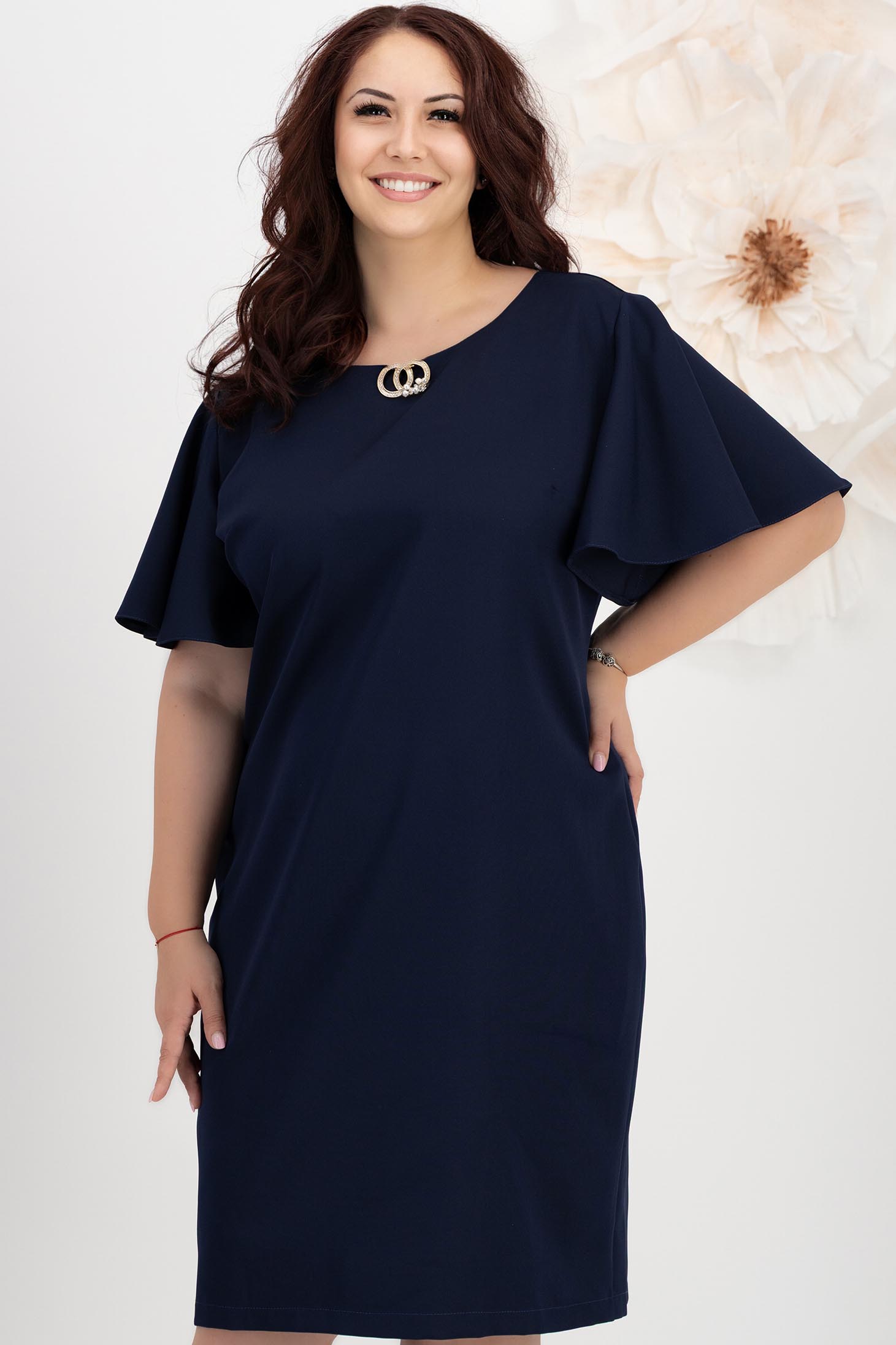 Rochie din stofa elastica bleumarin cu un croi drept si volanase la maneca - StarShinerS 1 - StarShinerS.ro
