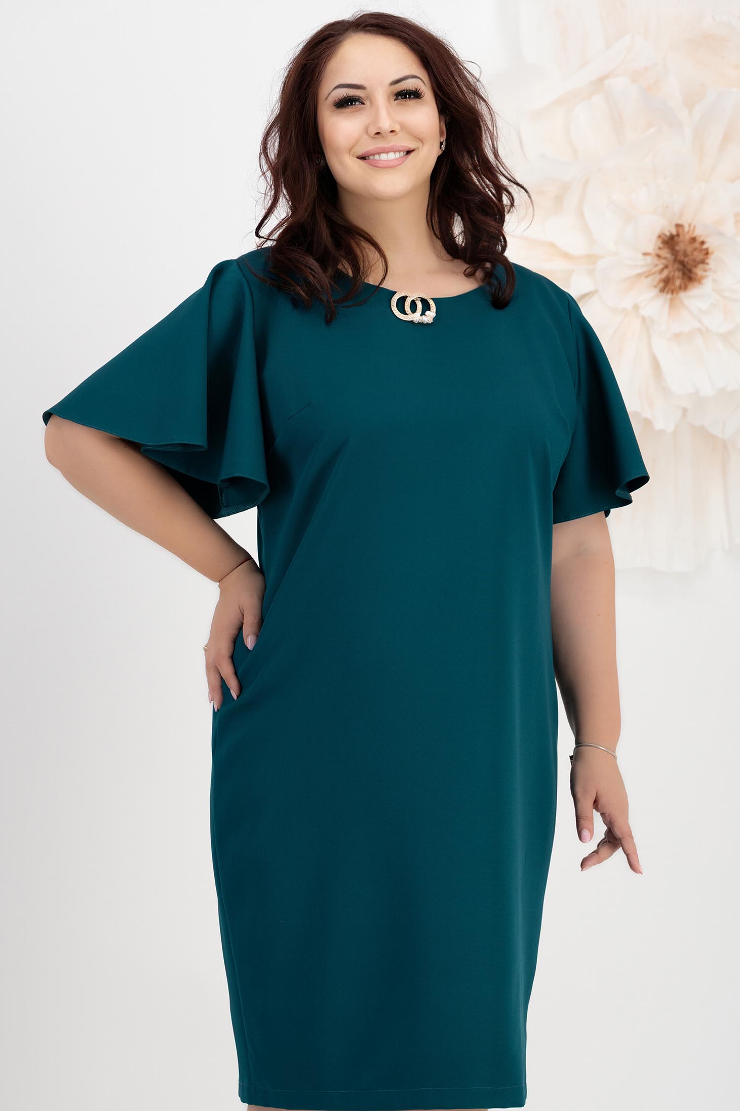 Rochie din stofa elastica verde petrol cu un croi drept si volanase la maneca - StarShinerS 1 - StarShinerS.ro