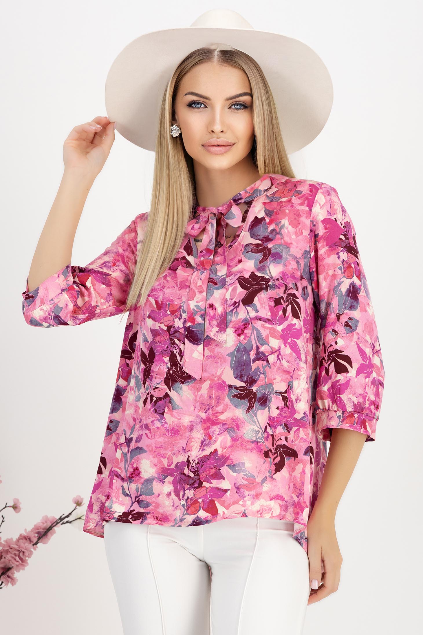 Bluza dama din viscoza si in roz usor asimetrica cu croi larg si guler tip esarfa - StarShinerS 1 - StarShinerS.ro