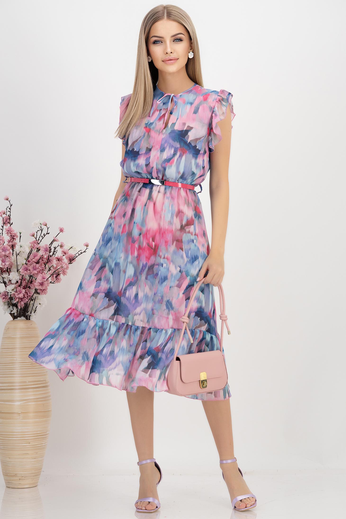 Rochie din voal multicolora midi in clos cu elastic in talie si volanase la maneca - StarShinerS 1 - StarShinerS.ro