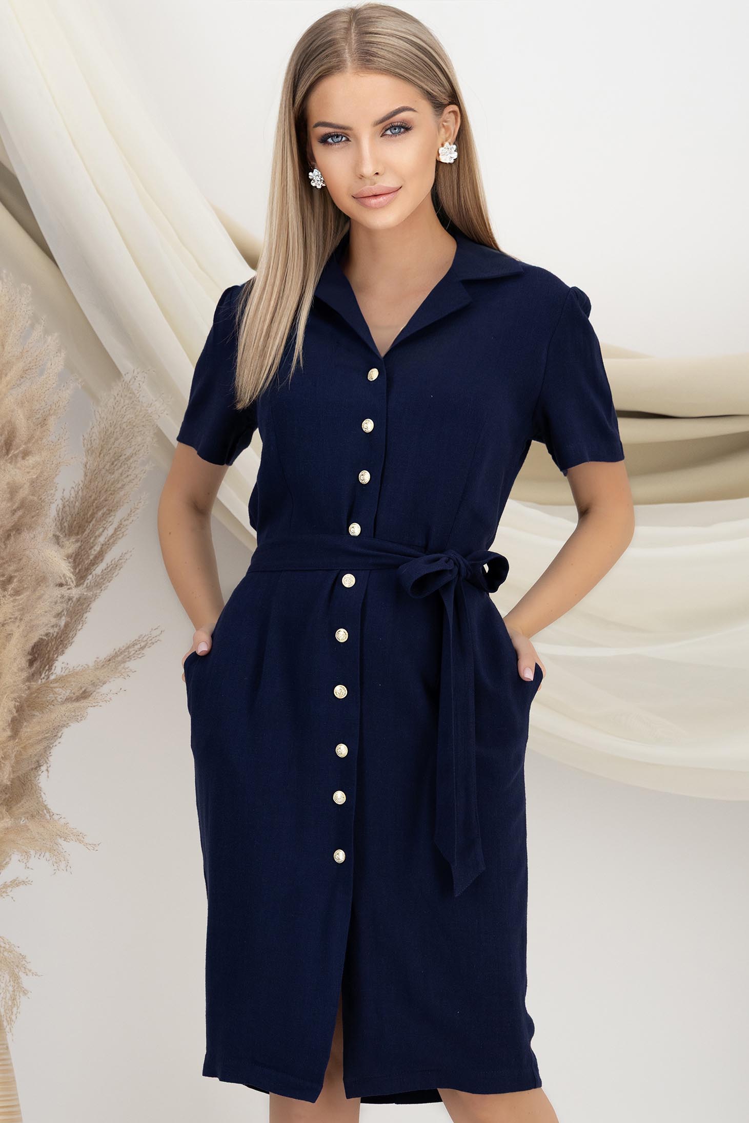 Rochie tip camasa din viscoza si in bleumarin midi cu buzunare laterale si cordon detasabil - StarShinerS 1 - StarShinerS.ro