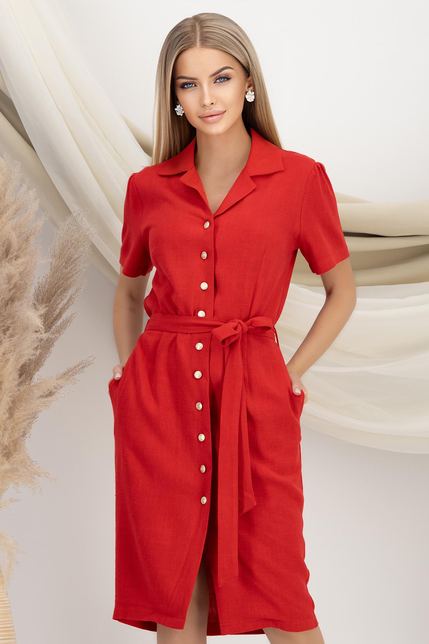 Rochie tip camasa din viscoza si in rosie midi cu buzunare laterale si cordon detasabil - StarShinerS 1 - StarShinerS.ro