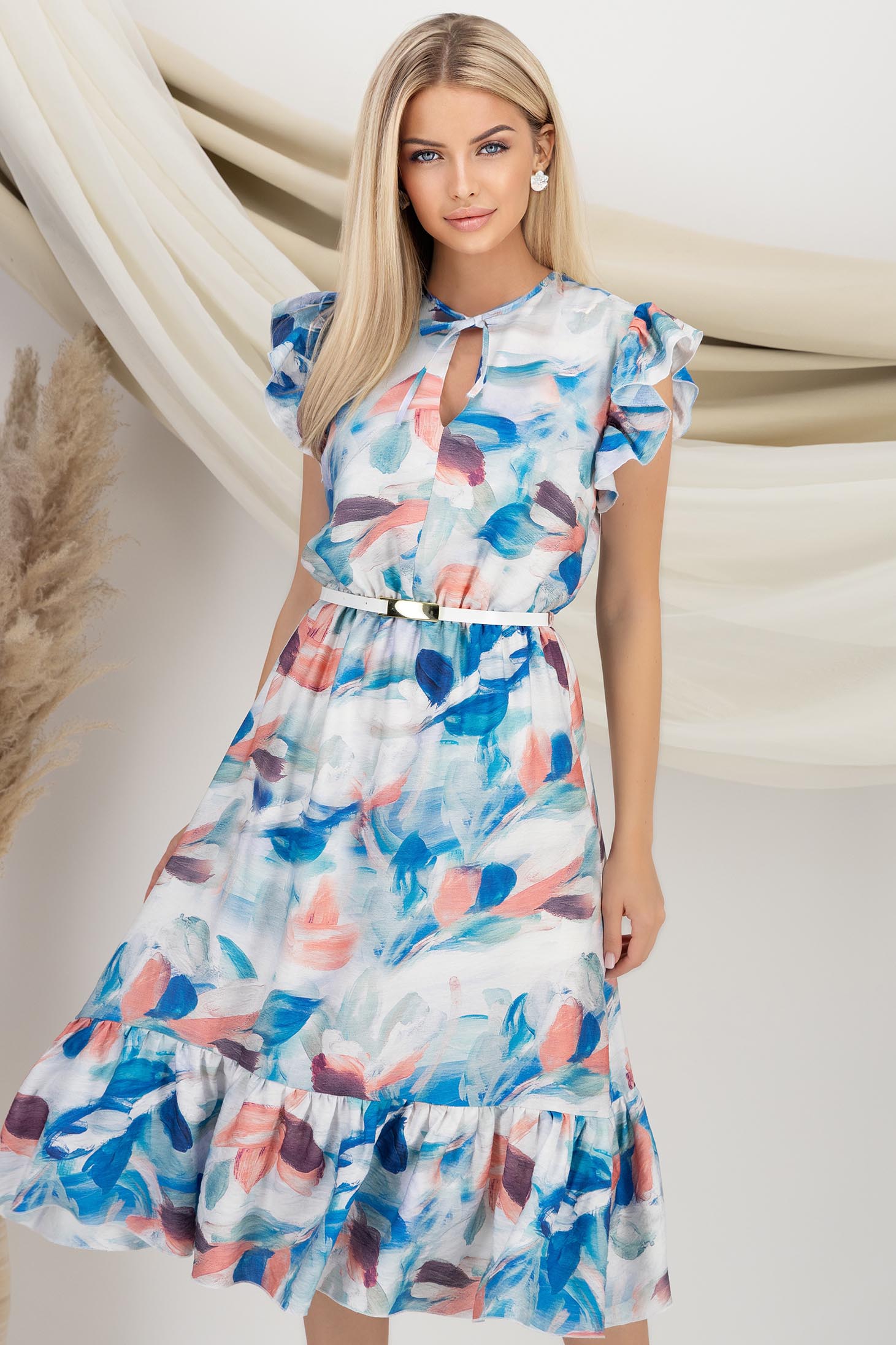 Rochie din viscoza si in multicolora midi in clos cu elastic in talie si accesoriu tip curea - StarShinerS 1 - StarShinerS.ro