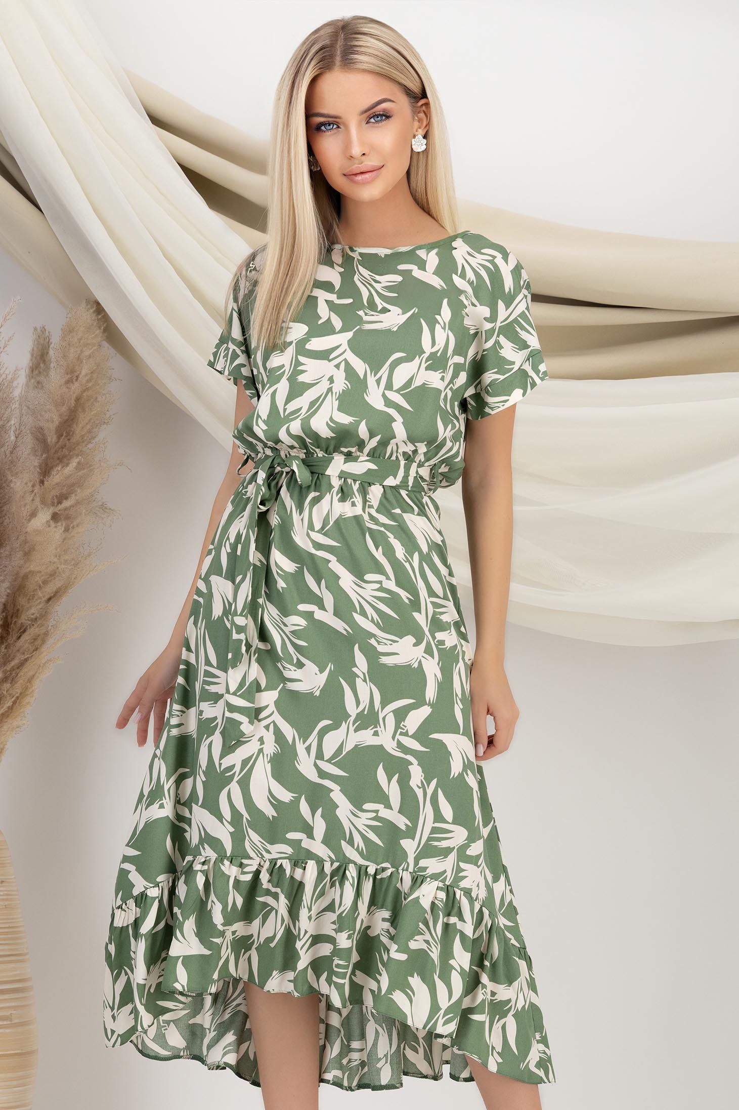 Rochie din viscoza si in verde midi usor asimetrica in clos cu elastic in talie si cordon detasabil - StarShinerS 1 - StarShinerS.ro