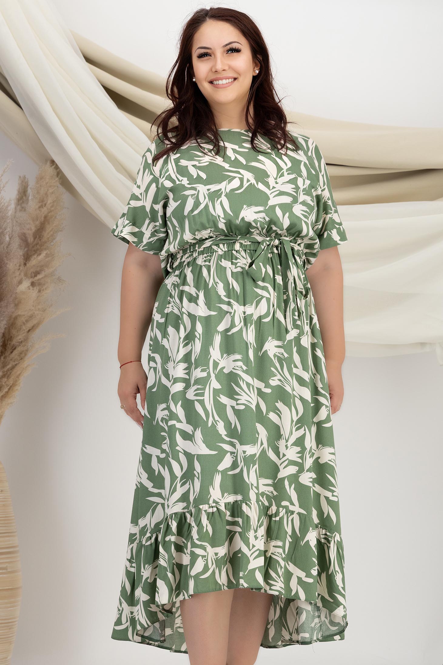 Rochie din viscoza si in verde midi usor asimetrica in clos cu elastic in talie si cordon detasabil - StarShinerS 1 - StarShinerS.ro
