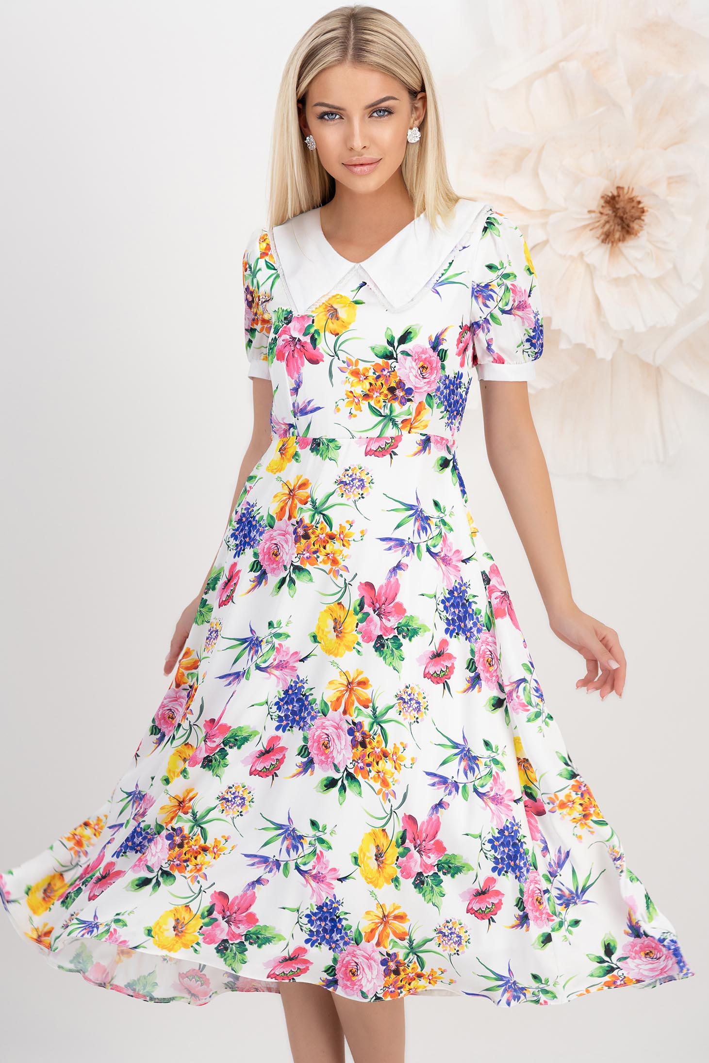 Rochie din satin multicolora midi in clos cu elastic in talie la spate si guler contrastant cu fir stralucitor - StarShinerS 1 - StarShinerS.ro