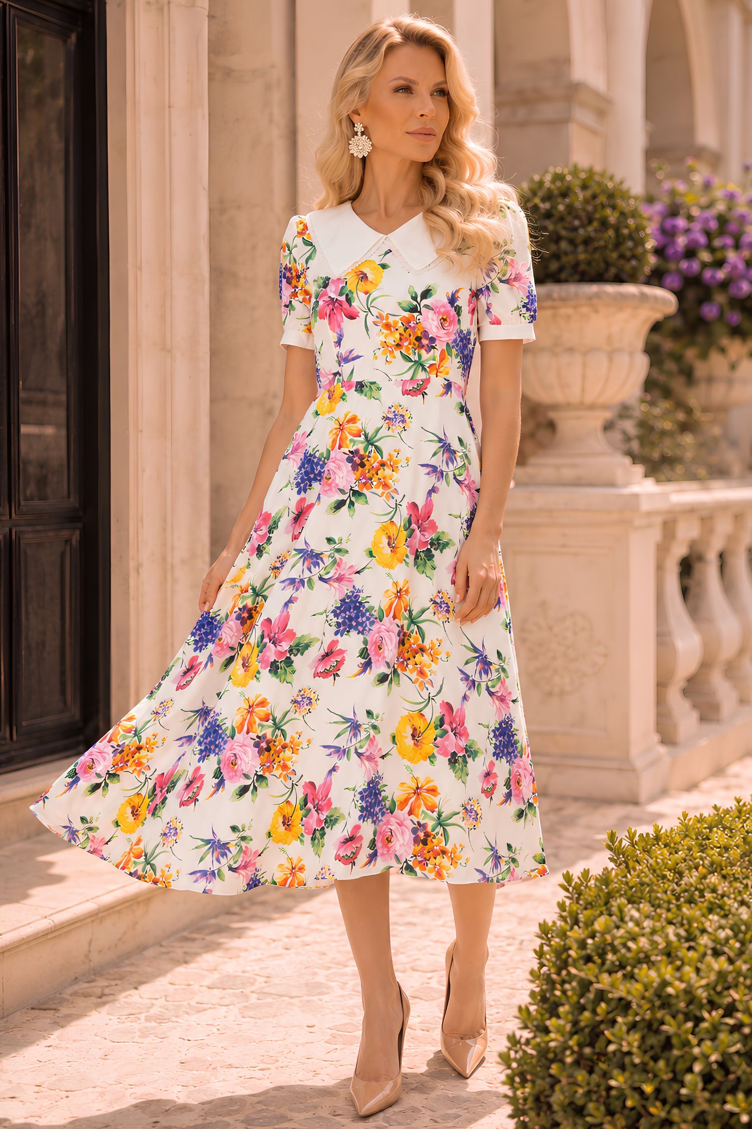 Rochie din satin multicolora midi in clos cu elastic in talie - StarShinerS 1 - StarShinerS.ro