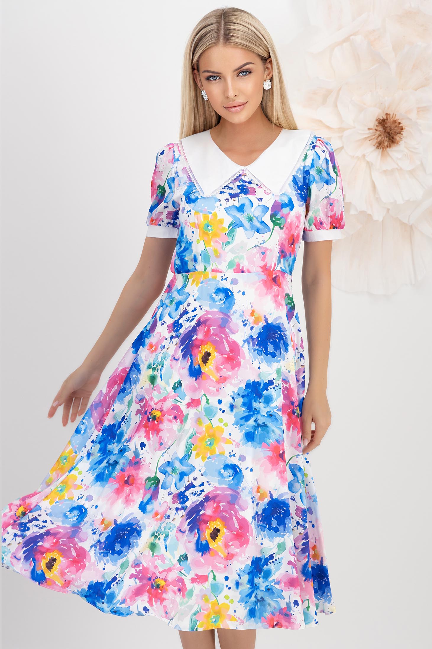 Rochie din satin multicolora midi in clos cu elastic in talie la spate si guler contrastant cu fir stralucitor - StarShinerS 1 - StarShinerS.ro