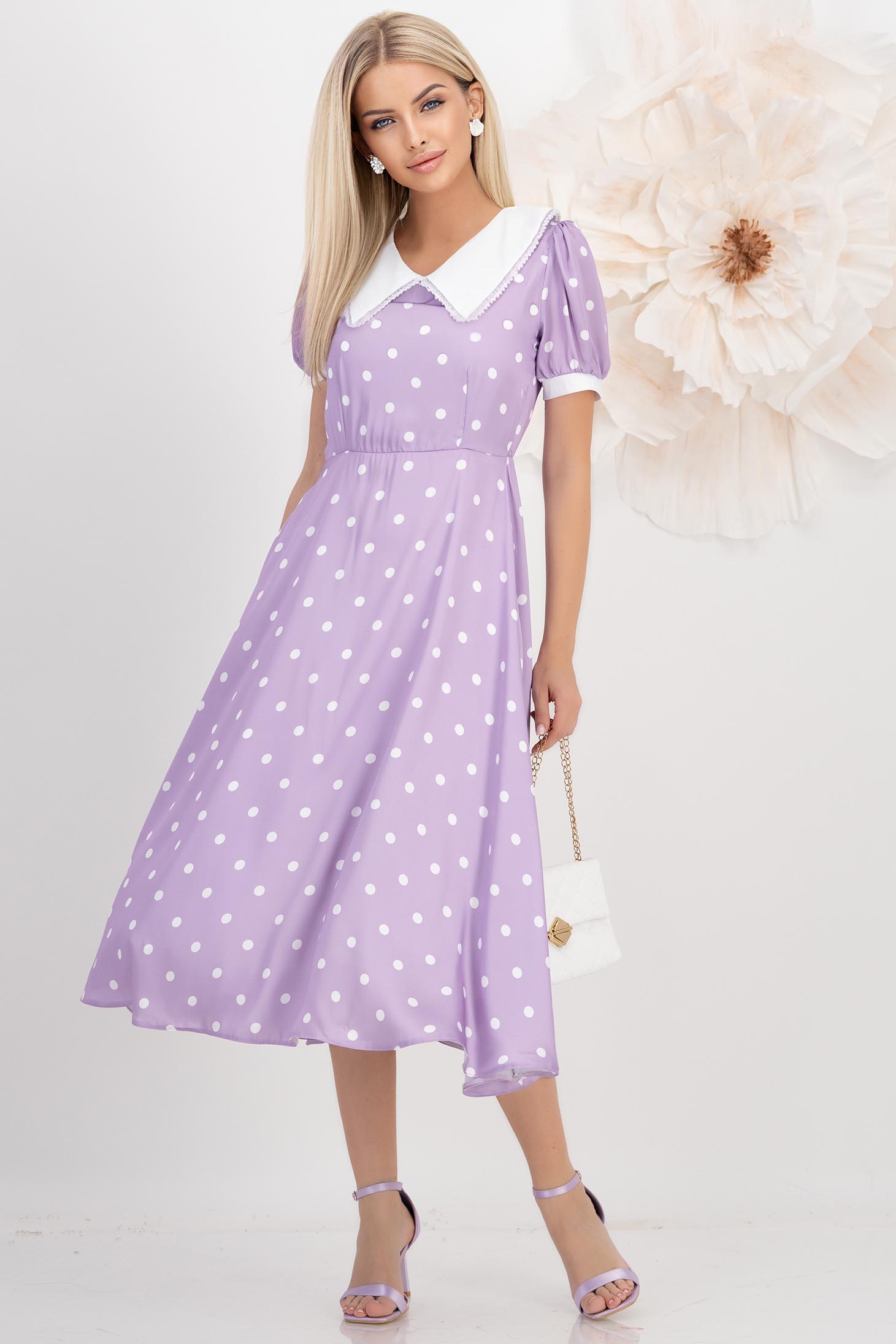 Rochie din satin lila midi in clos cu elastic in talie la spate si guler contrastant cu fir stralucitor - StarShinerS 1 - StarShinerS.ro
