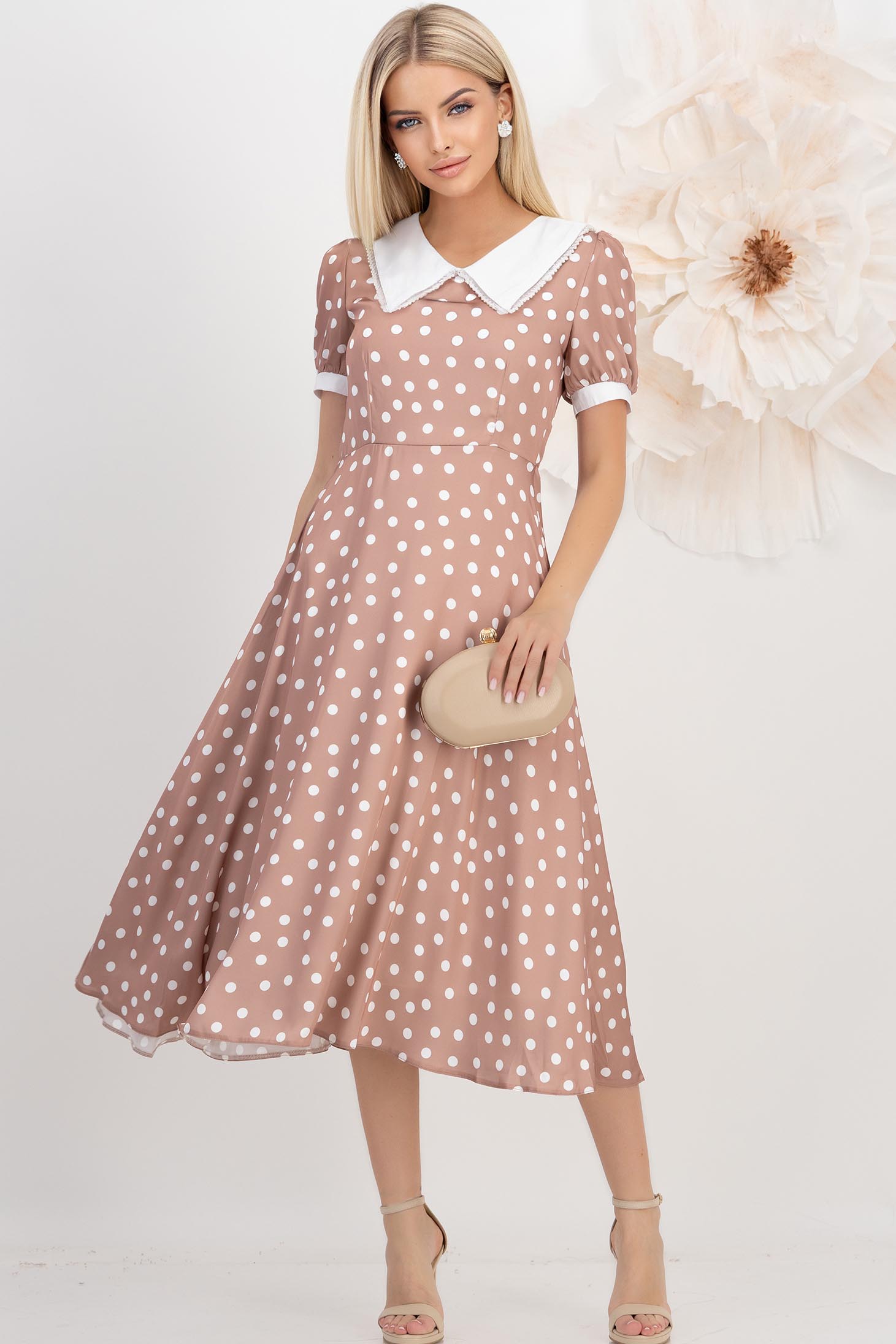 Rochie din satin mocha midi in clos cu elastic in talie la spate si guler contrastant cu fir stralucitor - StarShinerS 1 - StarShinerS.ro