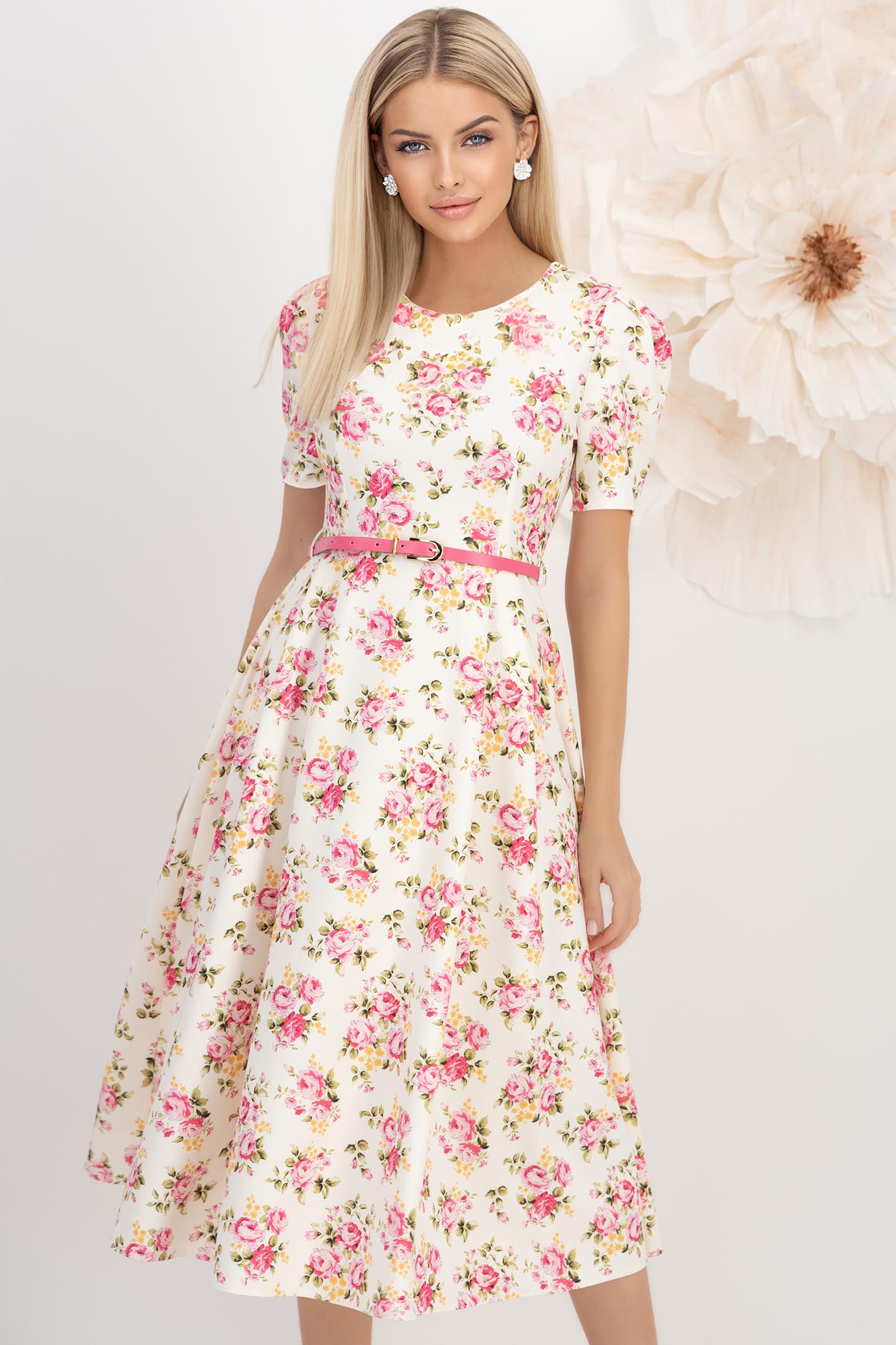 Rochie din stofa elastica crem midi in clos cu accesoriu tip curea imprimata floral - StarShinerS 1 - StarShinerS.ro