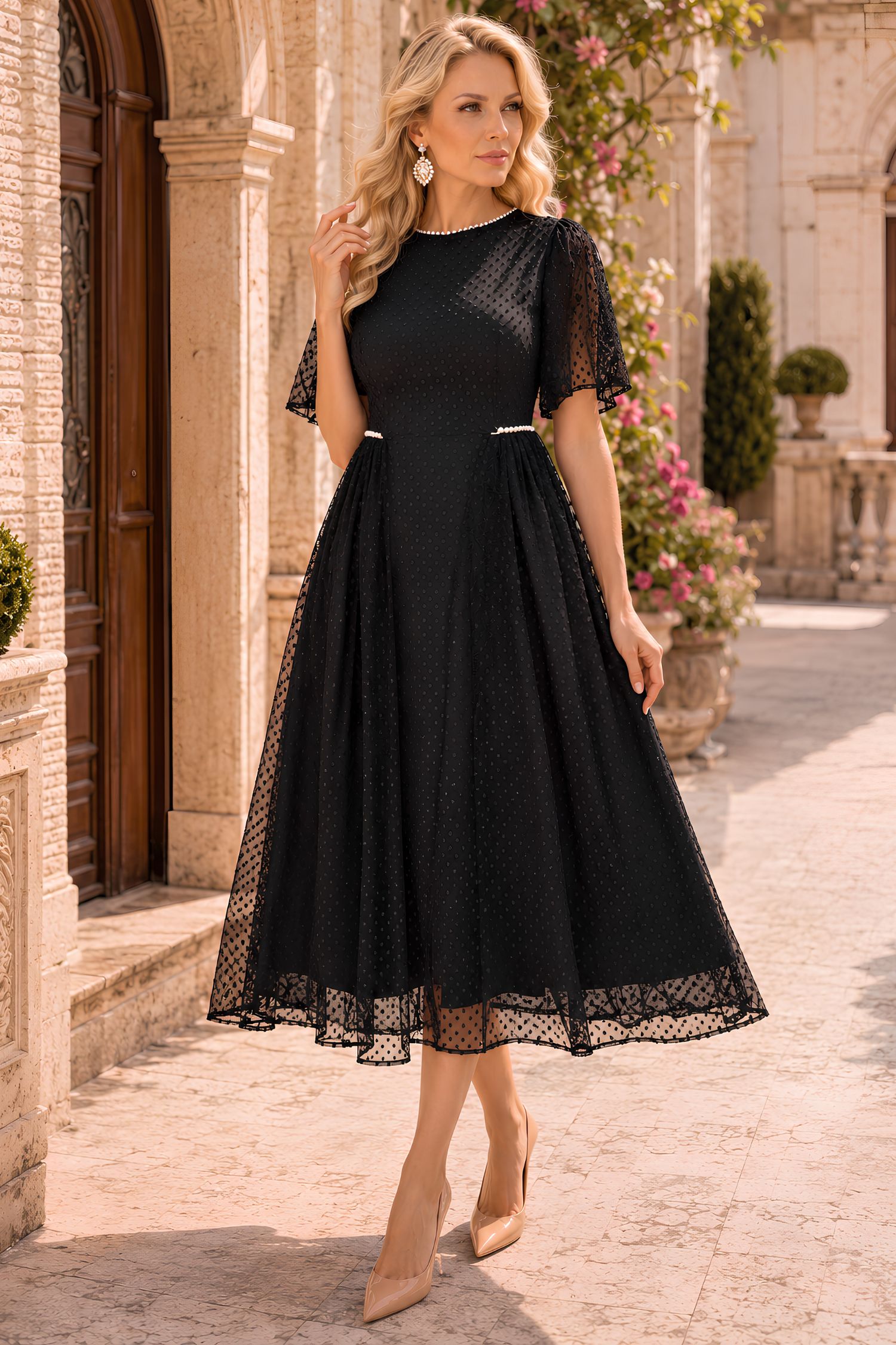 Rochie din tul cu plumeti neagra midi in clos cu maneci bufante si aplicatii stralucitoare cu perle - StarShinerS 1 - StarShinerS.ro