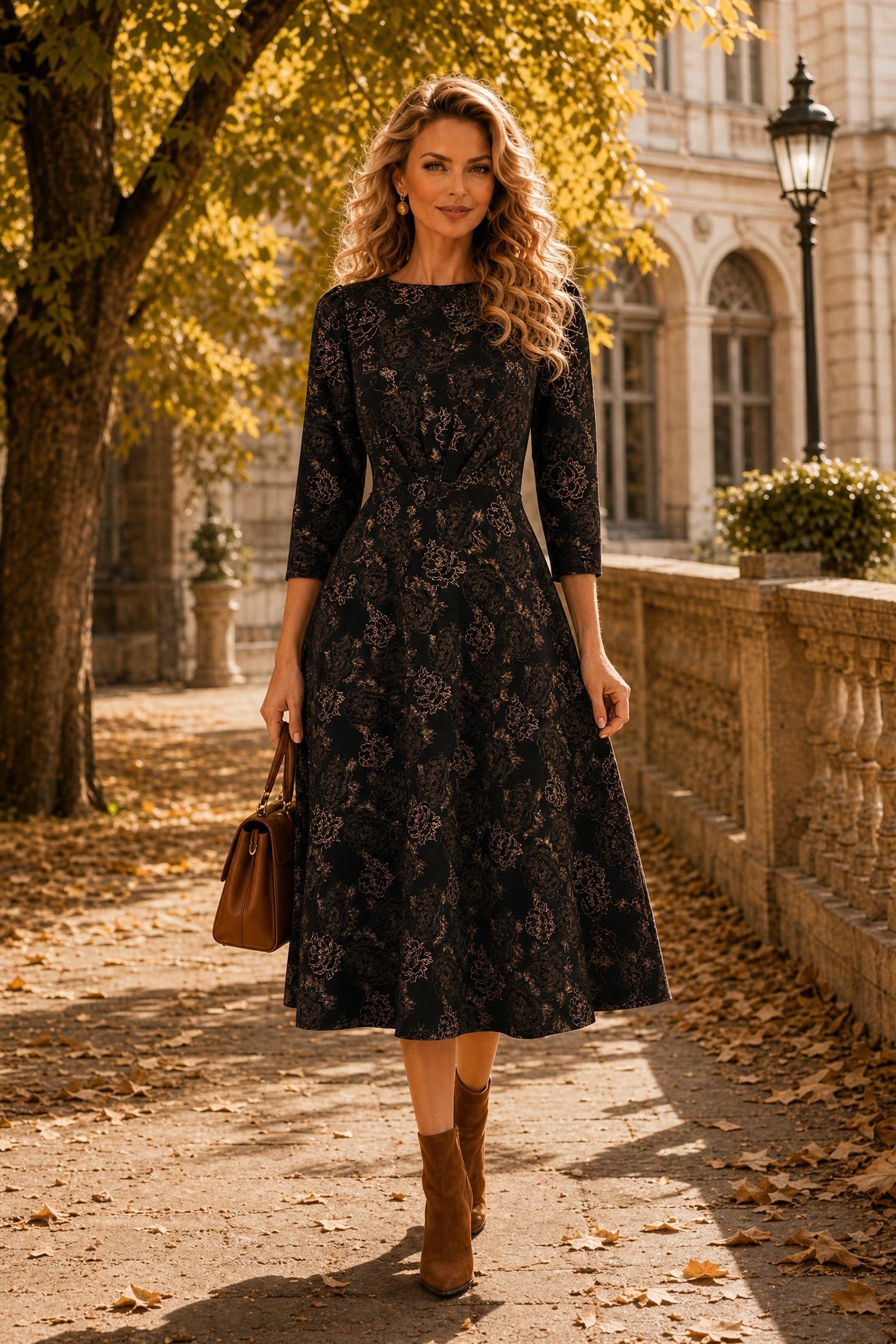 Rochie din jersey neagra midi in clos imprimata - StarShinerS 1 - StarShinerS.ro