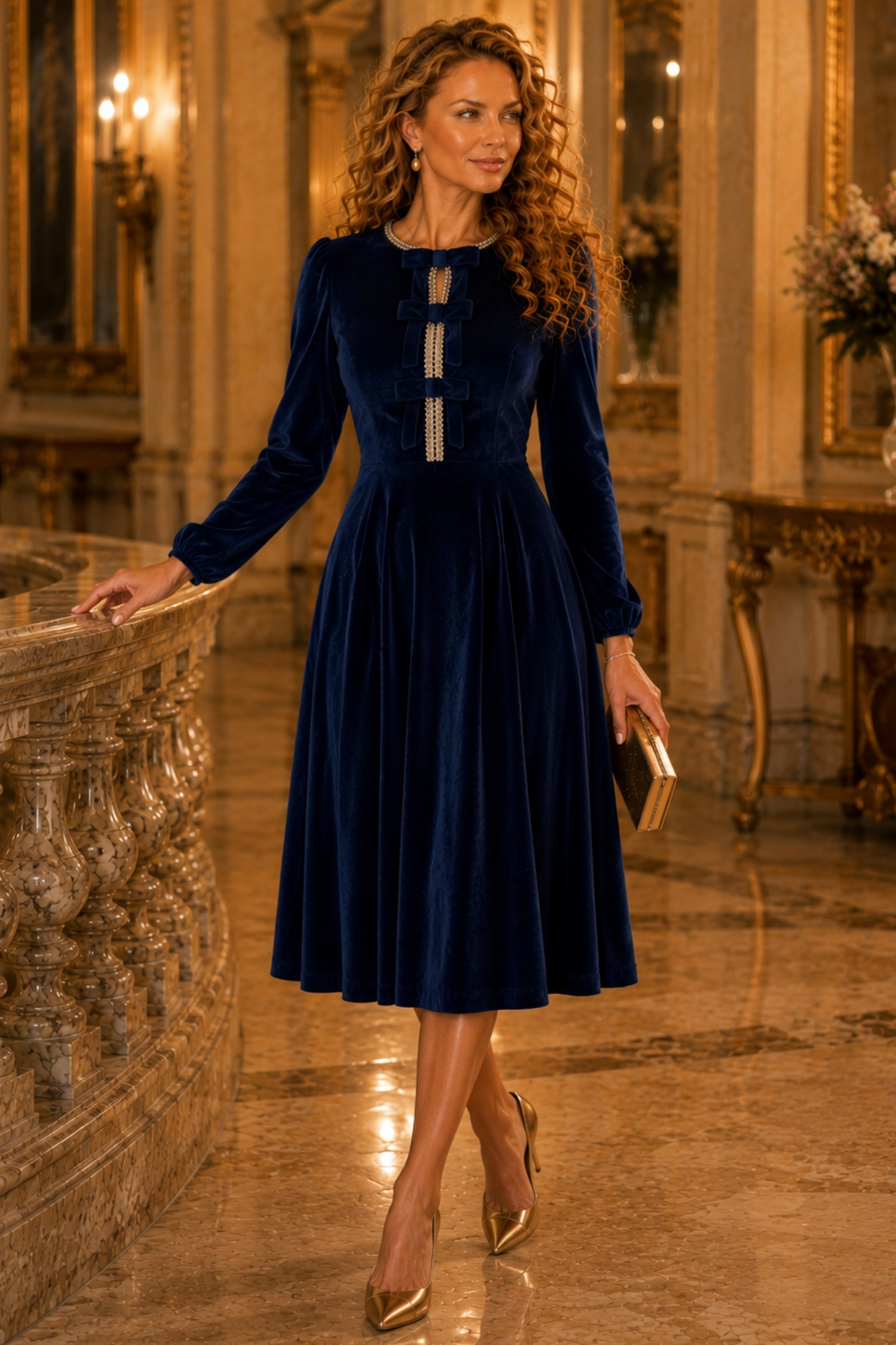 Rochie din catifea bleumarin midi in clos accesorizata cu fundite si pietre strass frontal 1 - StarShinerS.ro
