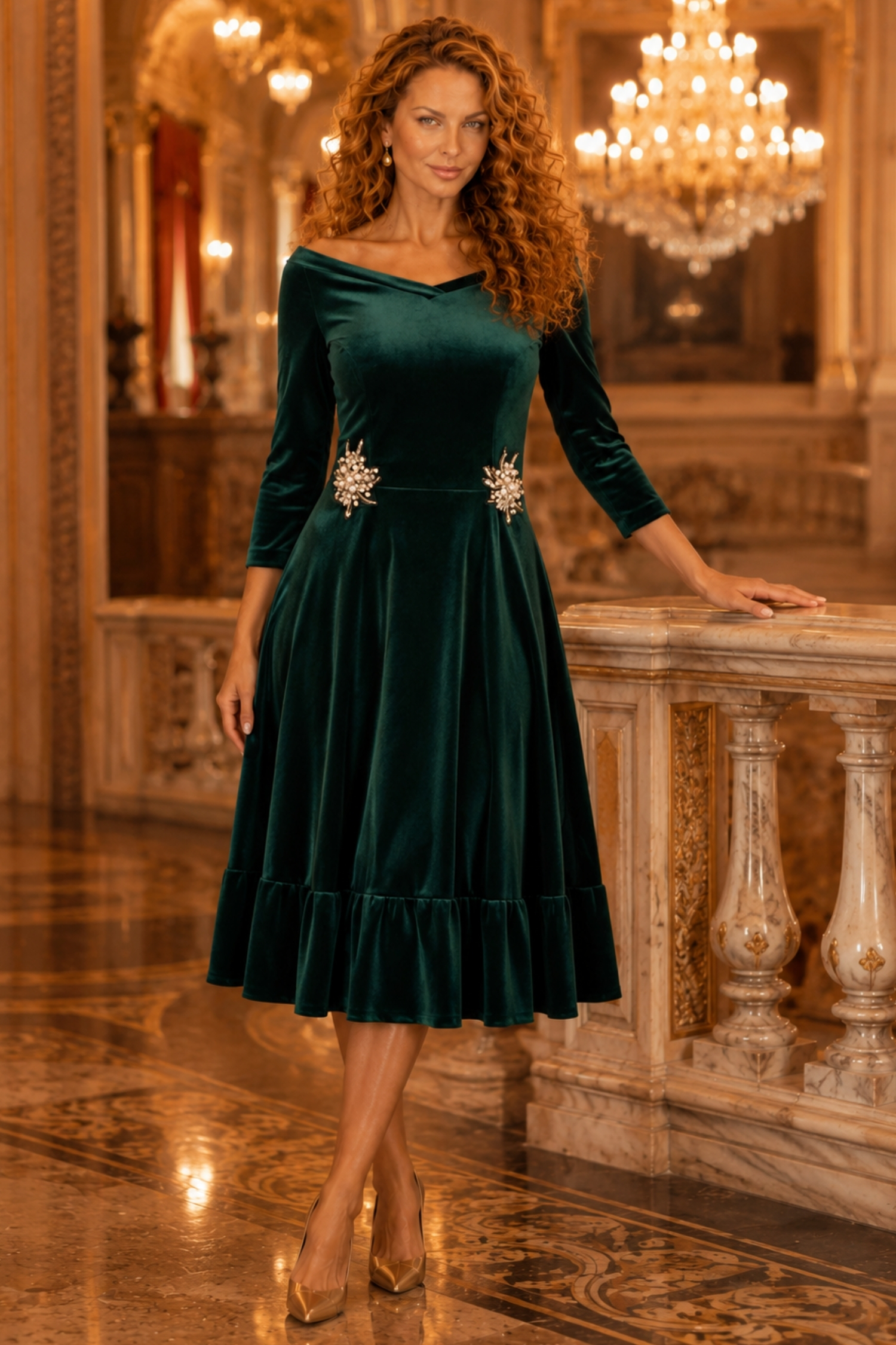 Rochie din catifea verde midi in clos cu aplicatii stralucitoare laterale- StarShinerS 1 - StarShinerS.ro