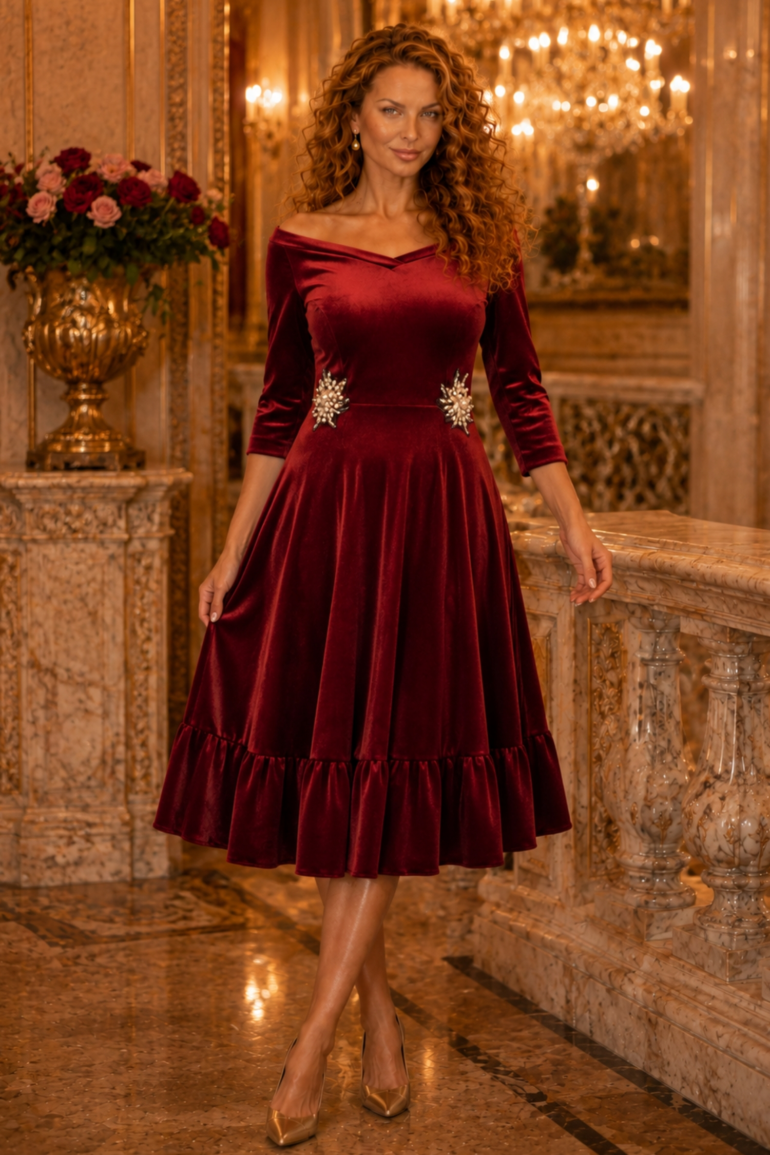 Rochie din catifea visinie midi in clos cu aplicatii stralucitoare laterale- StarShinerS 1 - StarShinerS.ro
