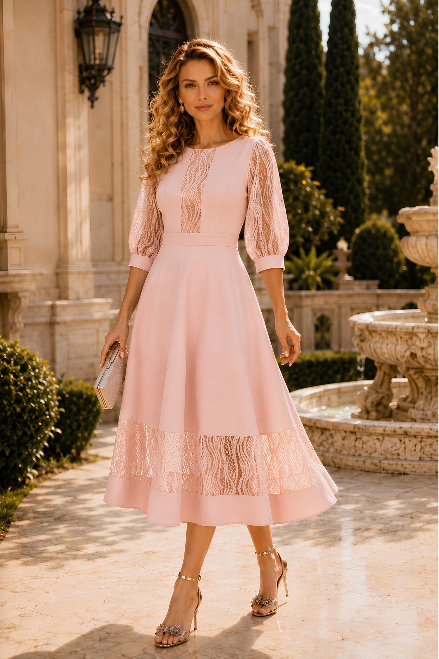 Rochie din stofa roz pudra midi in clos cu aplicatii de dantela - StarShinerS 1 - StarShinerS.ro