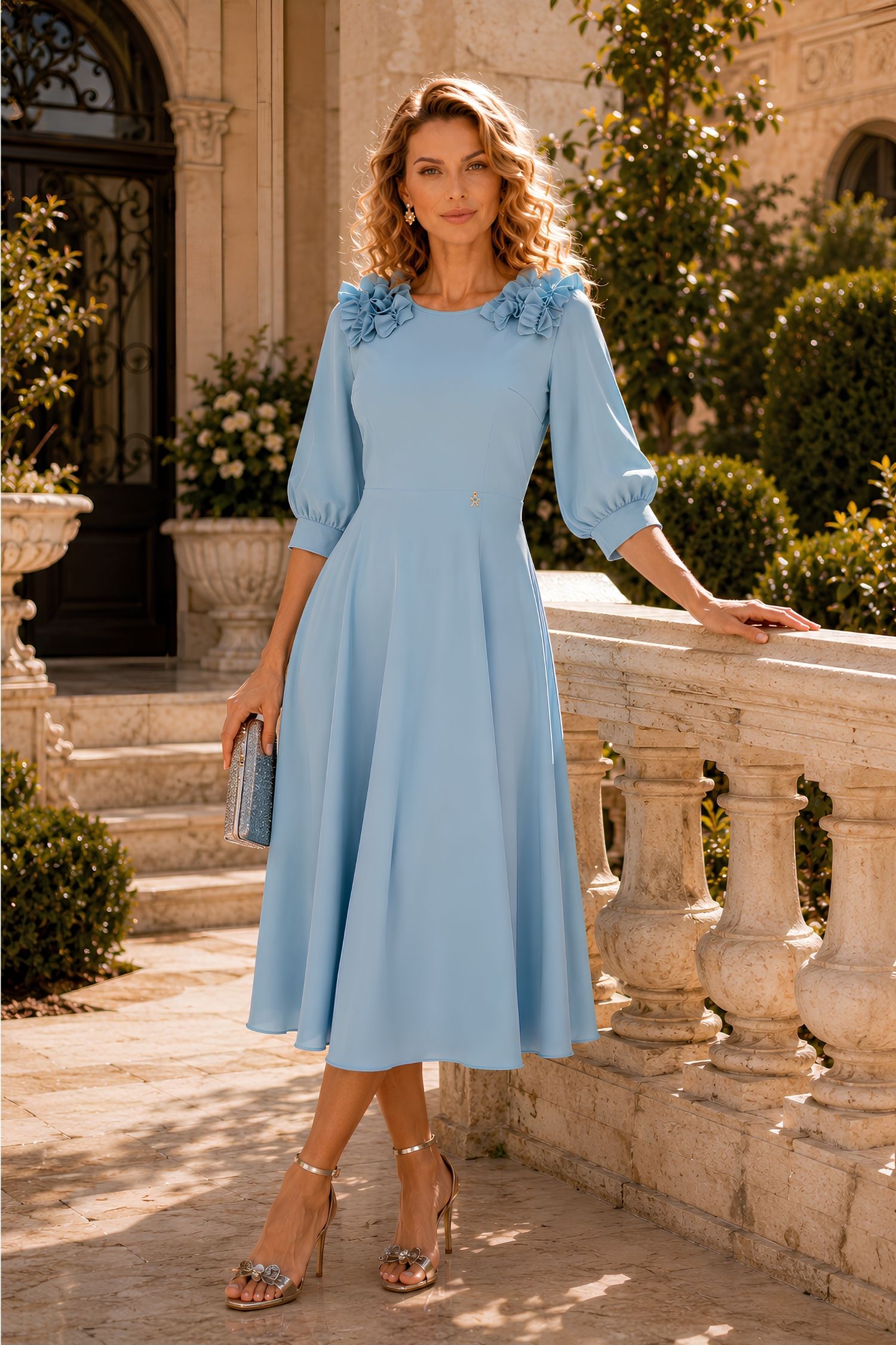 Rochie din voal albastra-deschis midi in clos cu volanase - StarShinerS 1 - StarShinerS.ro