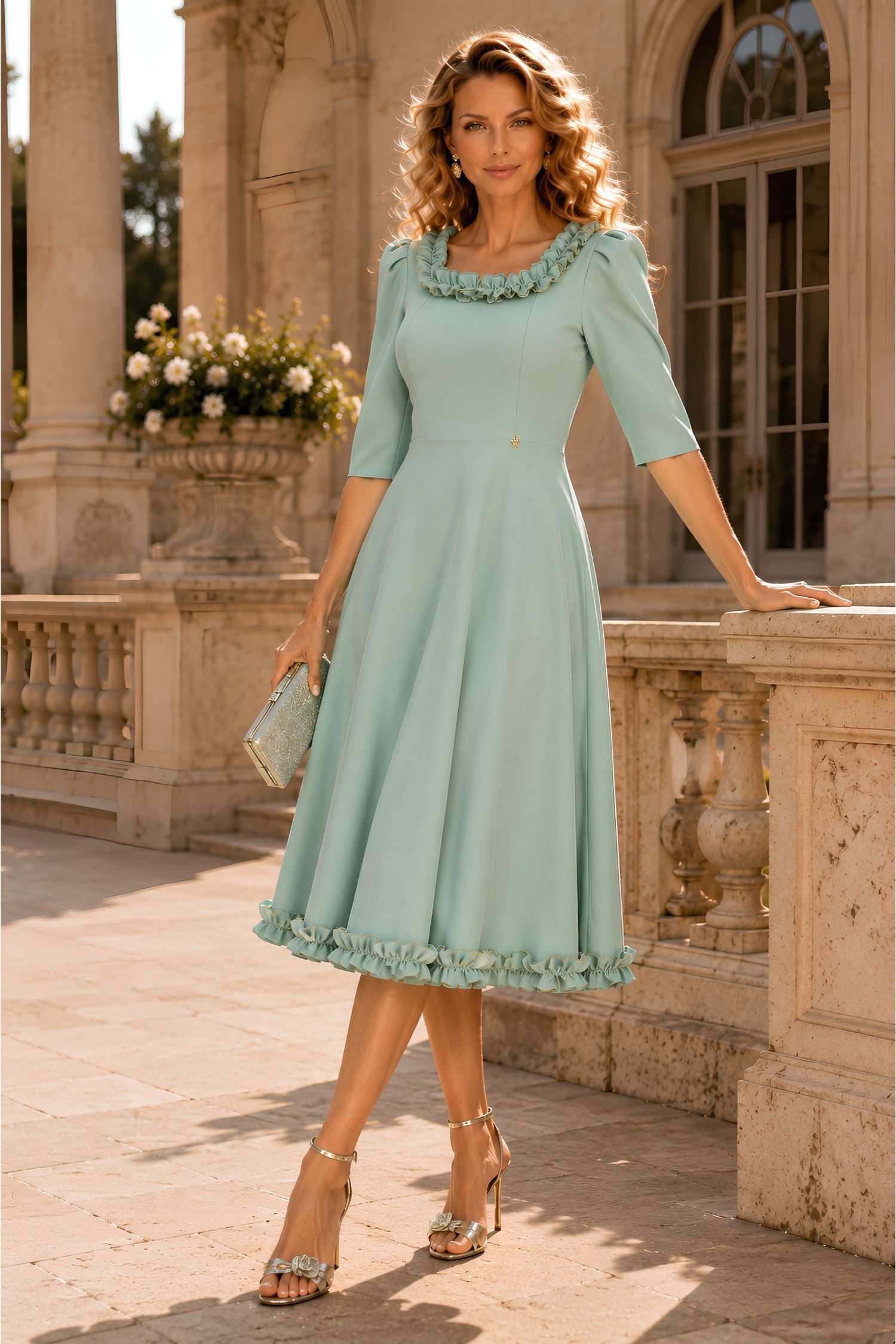 Rochie din stofa mint midi in clos cu volanase - StarShinerS 1 - StarShinerS.ro