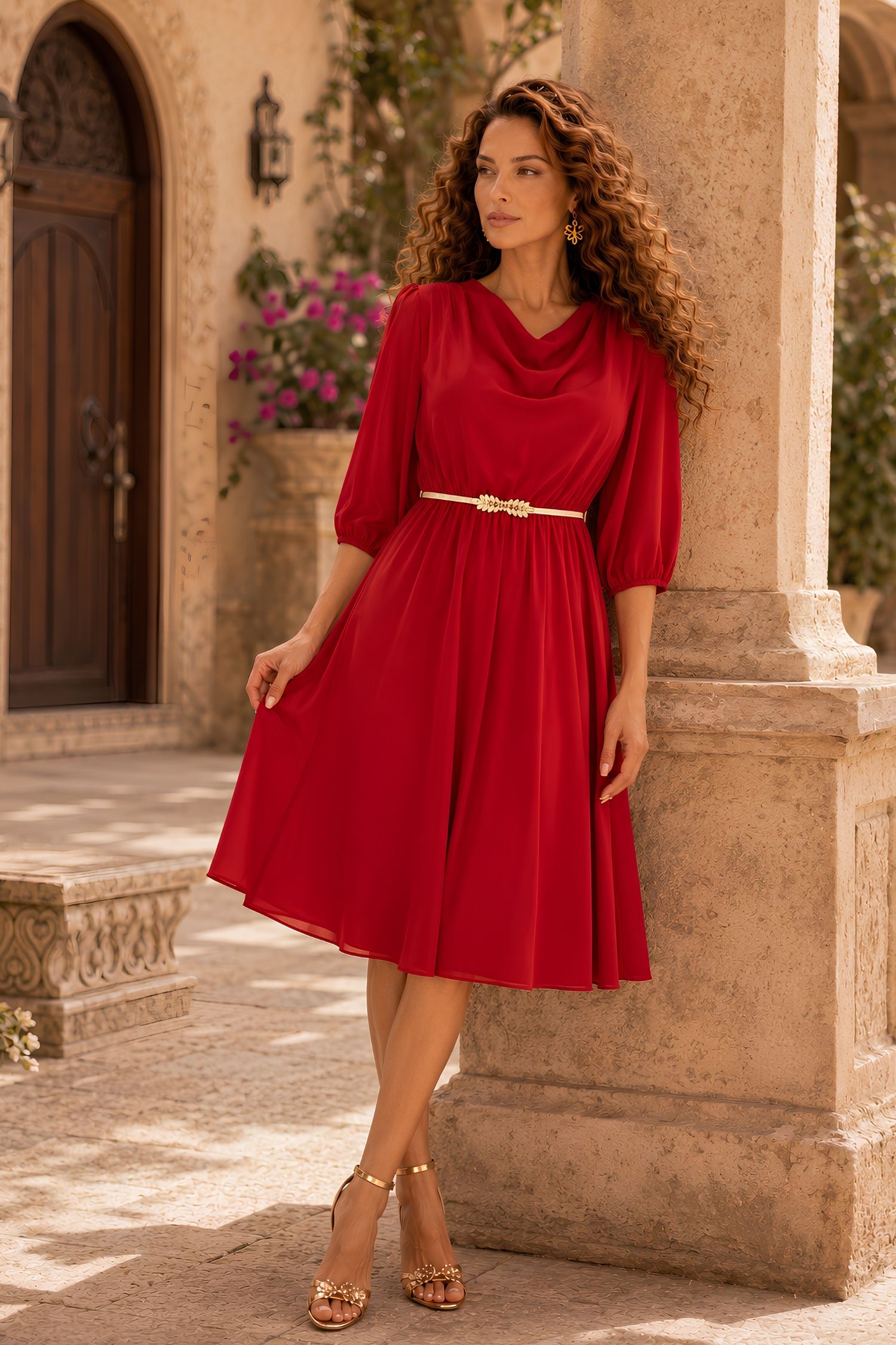 Rochie din voal rosie midi in clos cu elastic in talie si decolteu cazut- StarShinerS 1 - StarShinerS.ro
