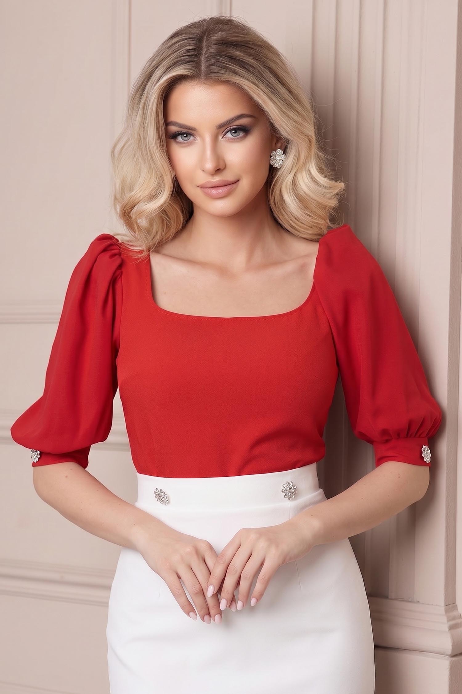 Bluza din crep rosie mulata cu maneci din voal si nasturi decorativi- StarShinerS 1 - StarShinerS.ro