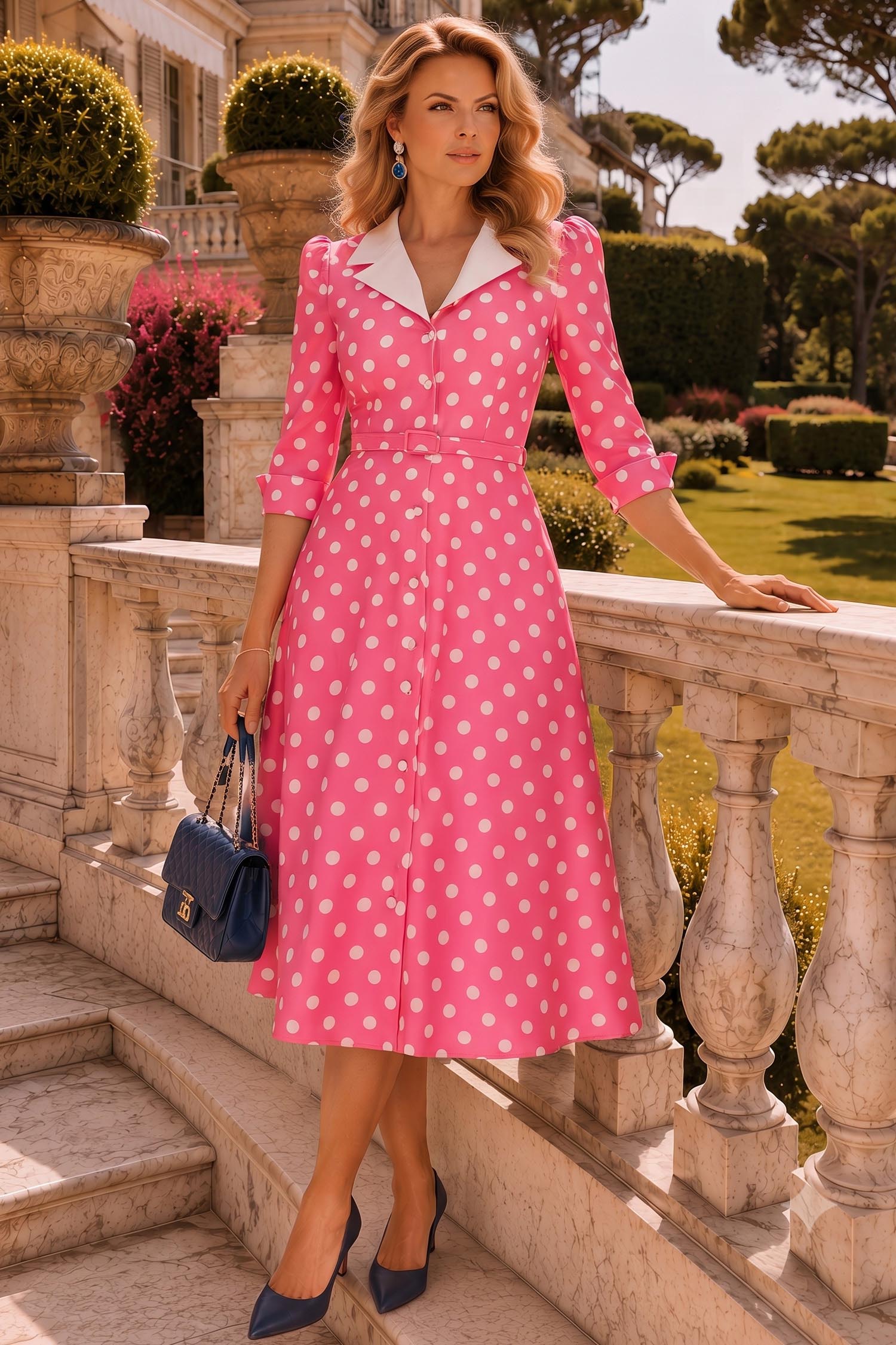 Rochie roz cu buline midi in clos cu accesoriu tip curea si buzunare - StarShinerS 1 - StarShinerS.ro