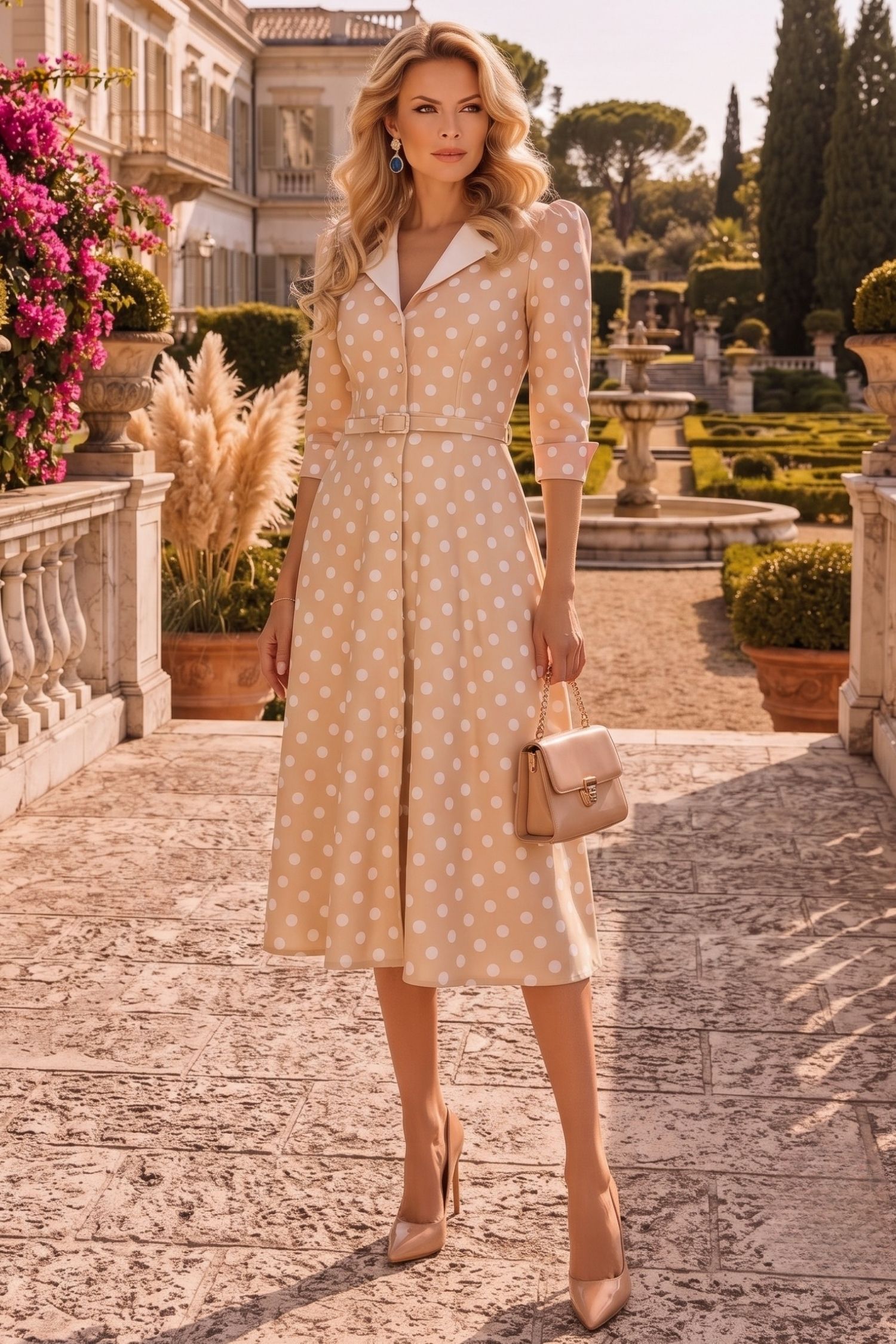Rochie crem cu buline midi in clos cu accesoriu tip curea si buzunare - StarShinerS 1 - StarShinerS.ro