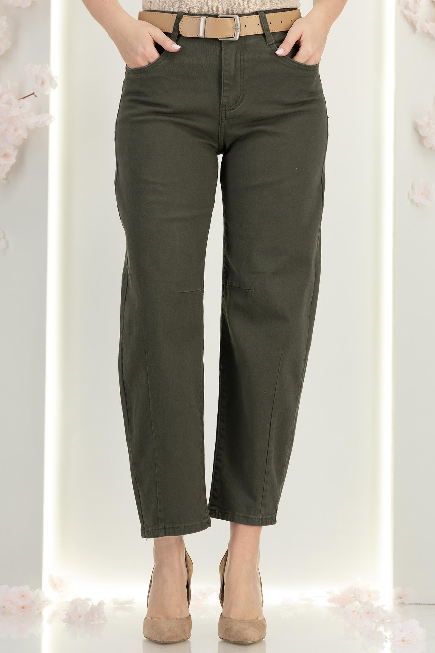 Khaki zöld magas derekú mom fit farmer övszerű kiegészítővel 1 - StarShinerS.hu