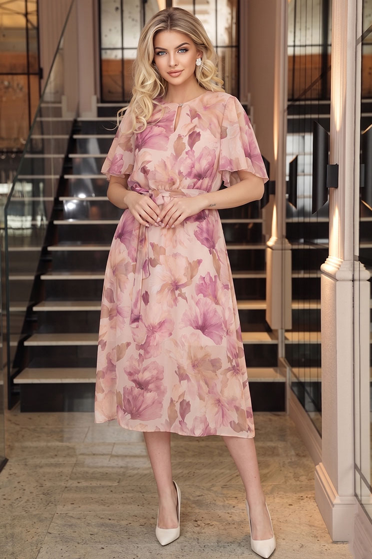 Rochie din material fluid roz pudra midi in clos cu elastic in talie si cordon detasabil 1 - StarShinerS.ro