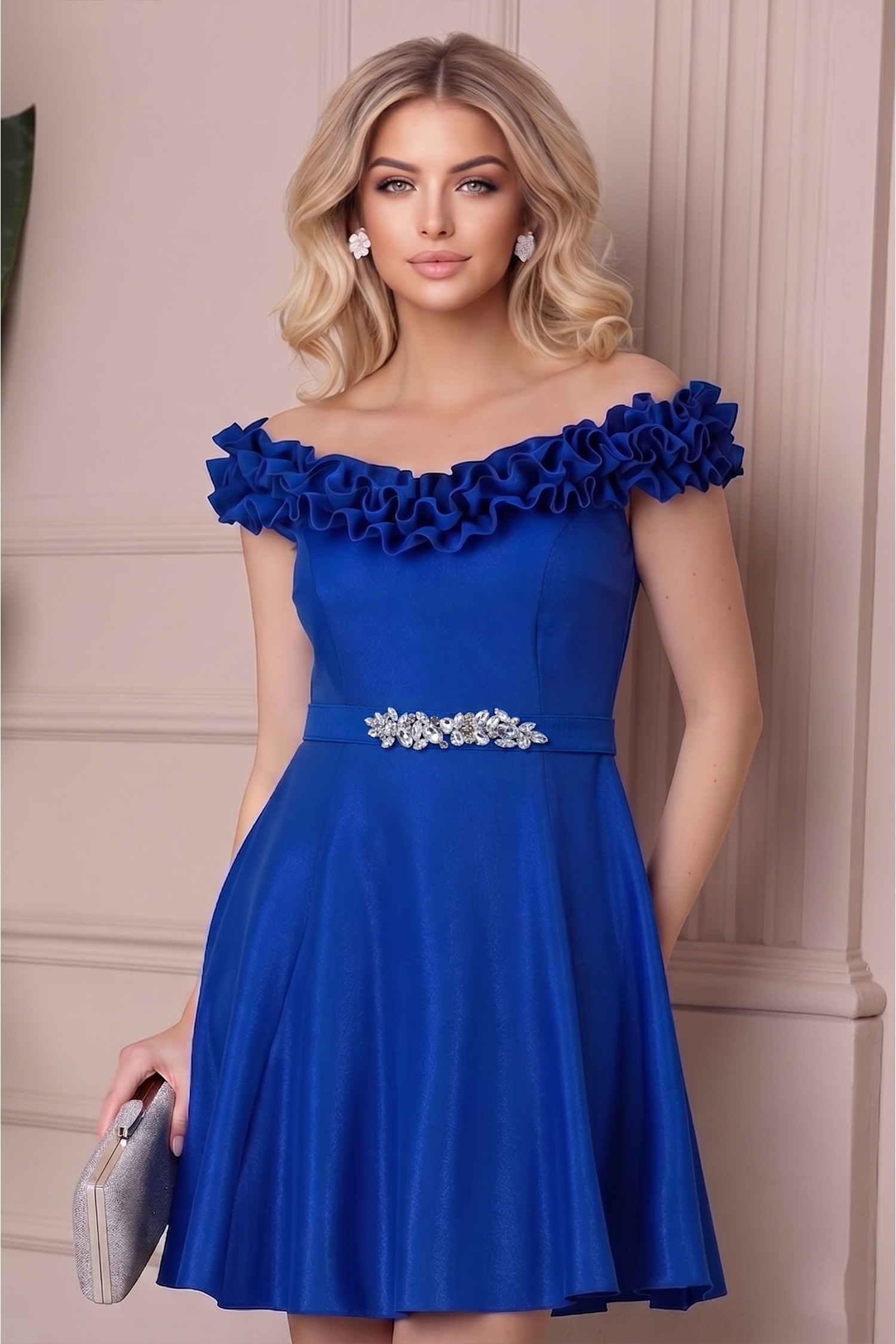 Rochie albastra cu sclipici scurta in clos cu volanase - StarShinerS 1 - StarShinerS.ro