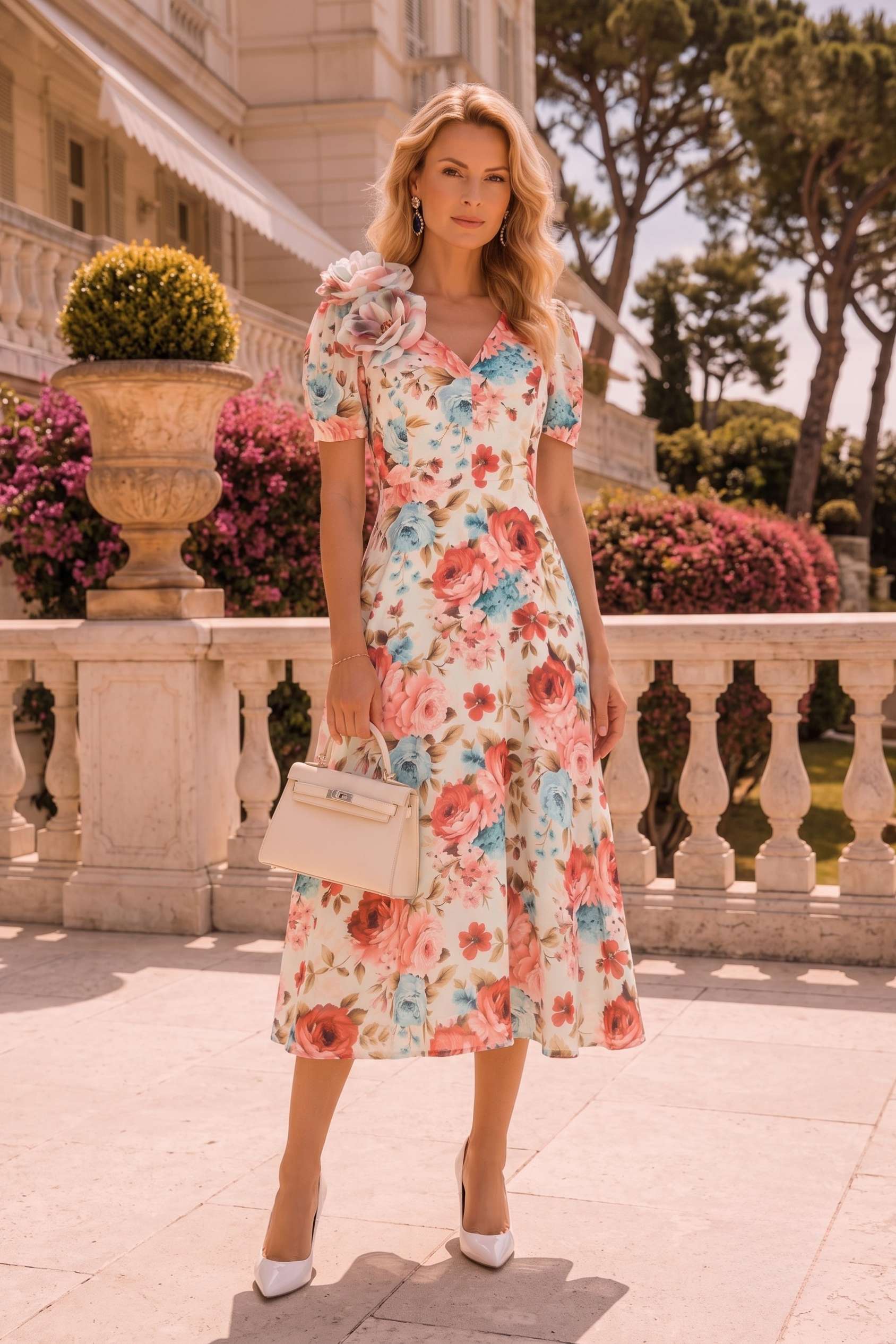 Rochie din voal bej midi in clos cu 2 brose florale maxi- StarShinerS 1 - StarShinerS.ro