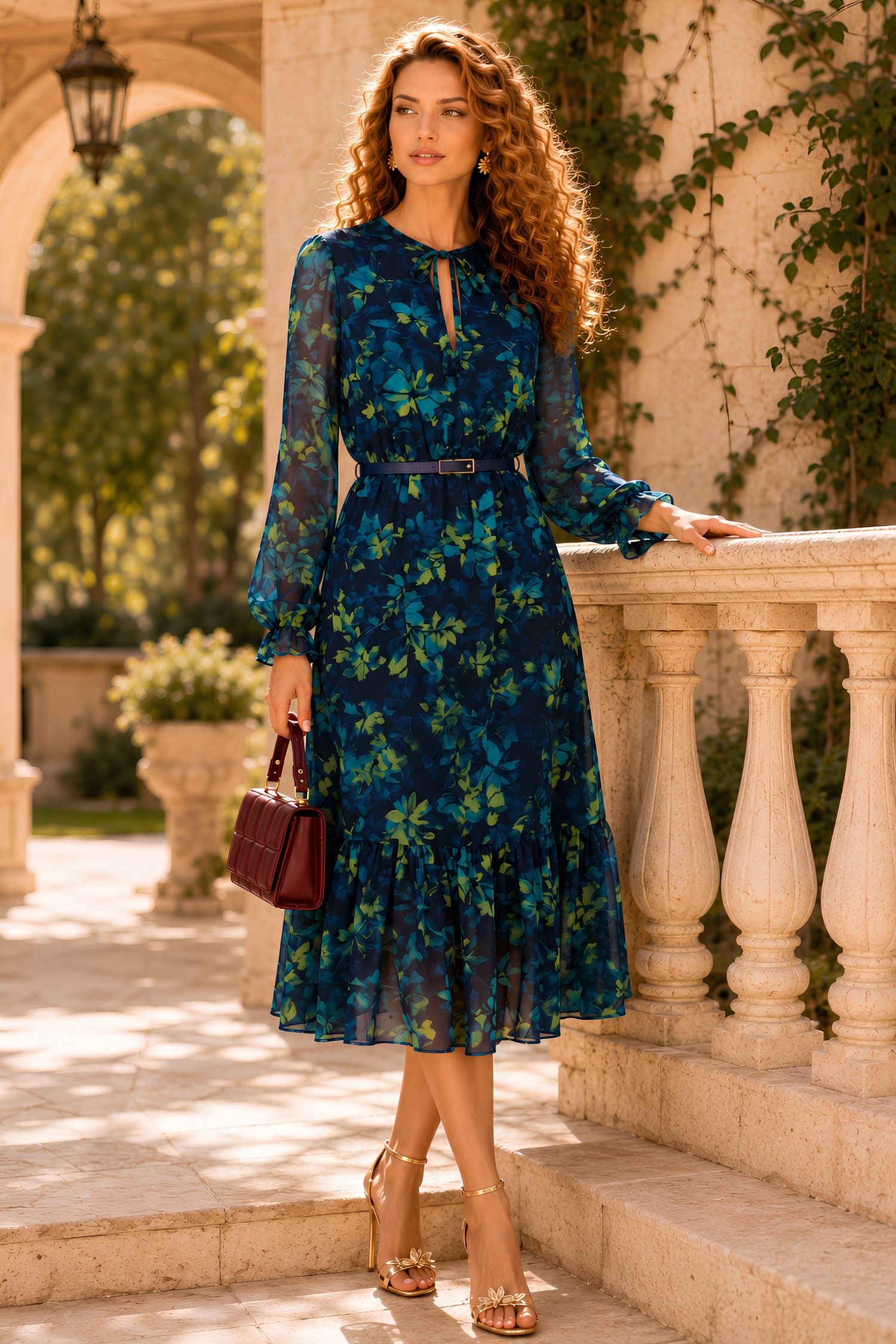 Rochie bleumarin floral midi in clos cu elastic in talie si curea detasabila - StarShinerS 1 - StarShinerS.ro