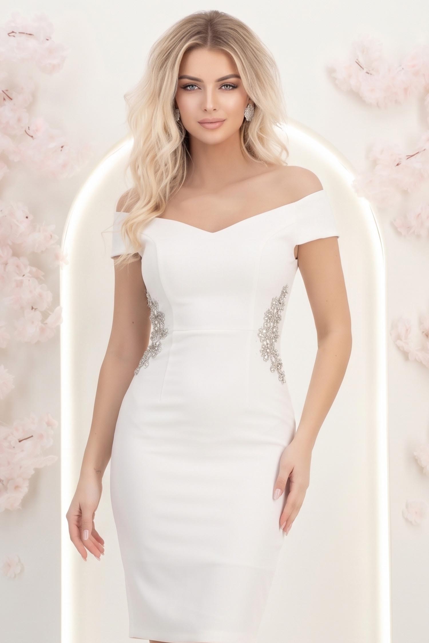 Rochie ivoire midi tip creion cu aplicatii strass - StarShinerS 1 - StarShinerS.ro