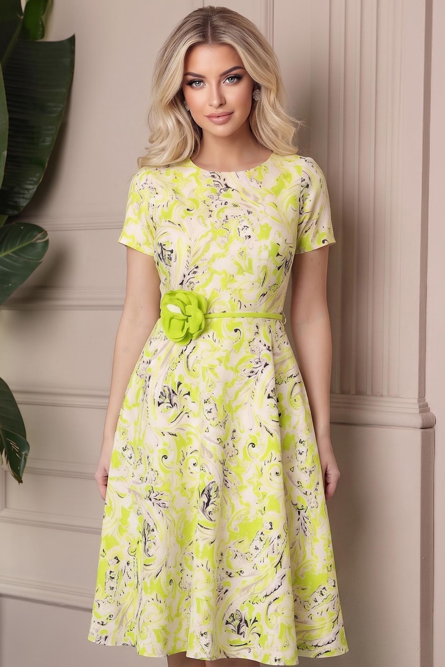 Rochie verde lime midi in clos accesorizata cu cordon si buzunare laterale 1 - StarShinerS.ro